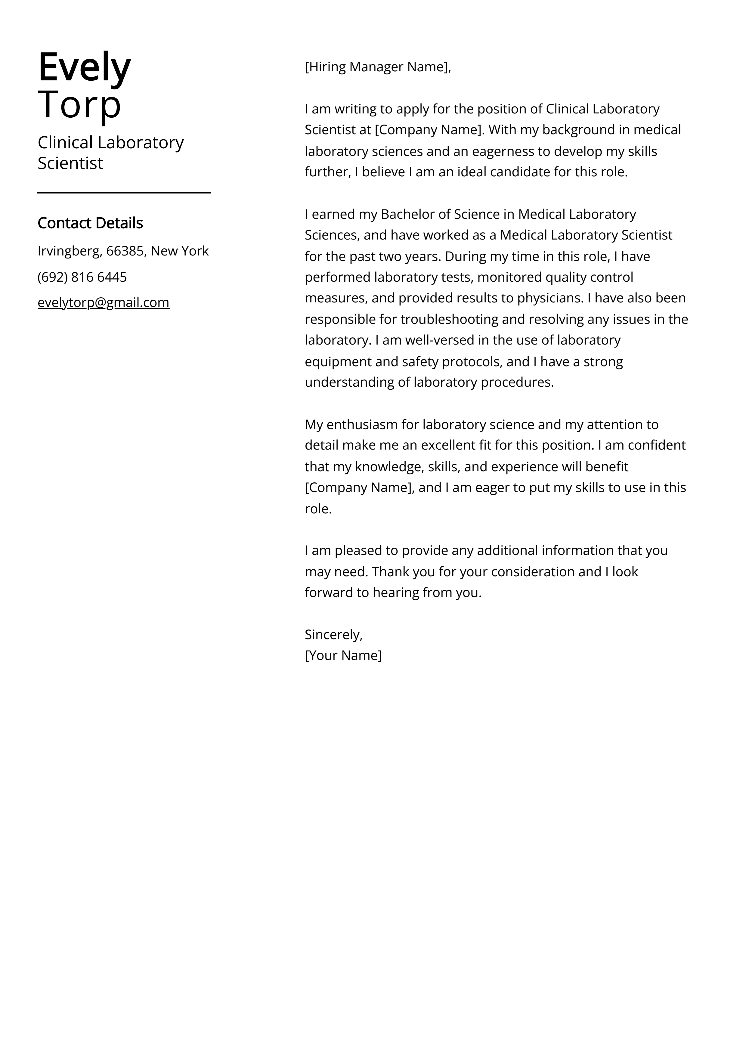 Clinical Laboratory Scientist Cover Letter Example