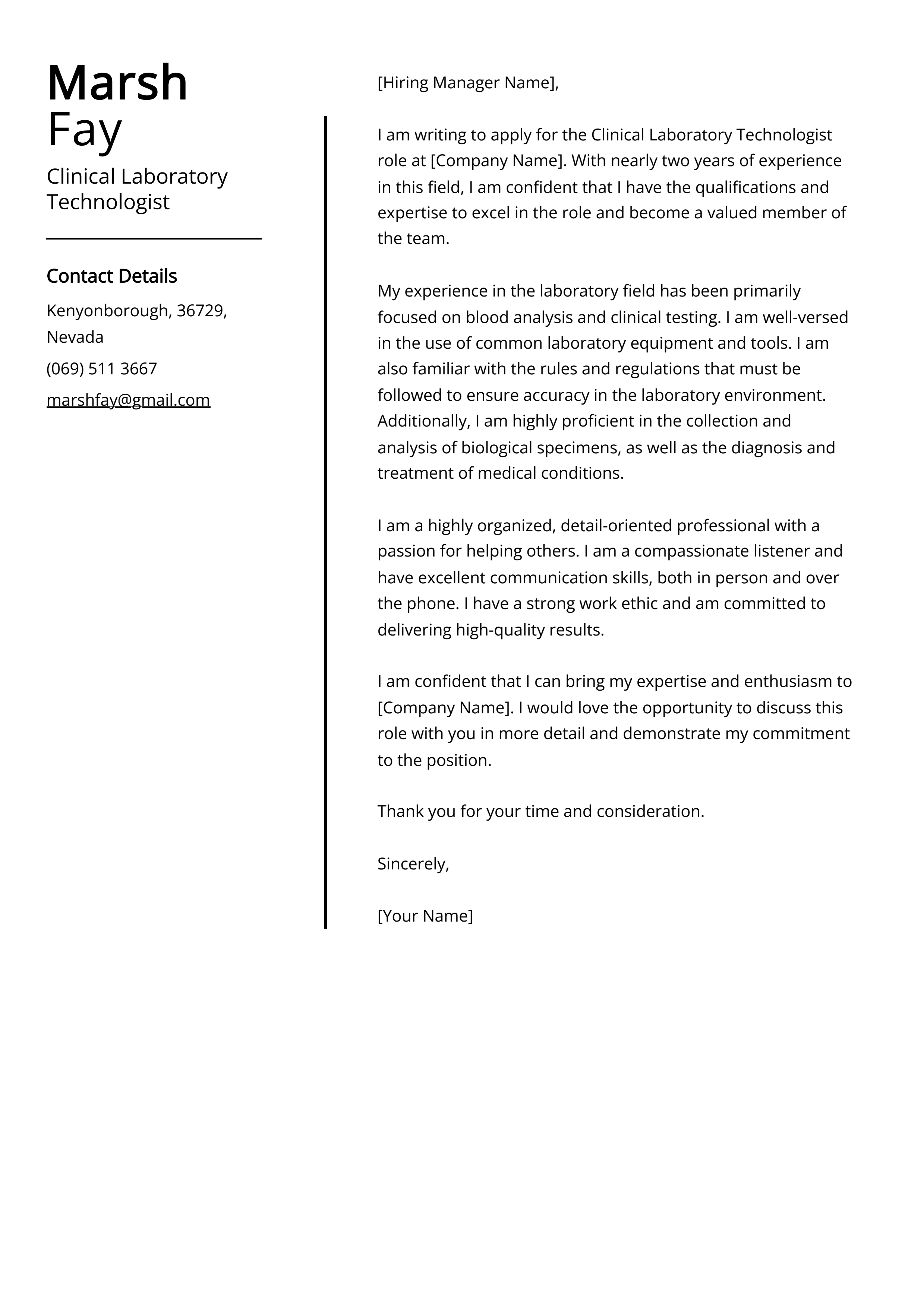 Clinical Laboratory Technologist Cover Letter Example