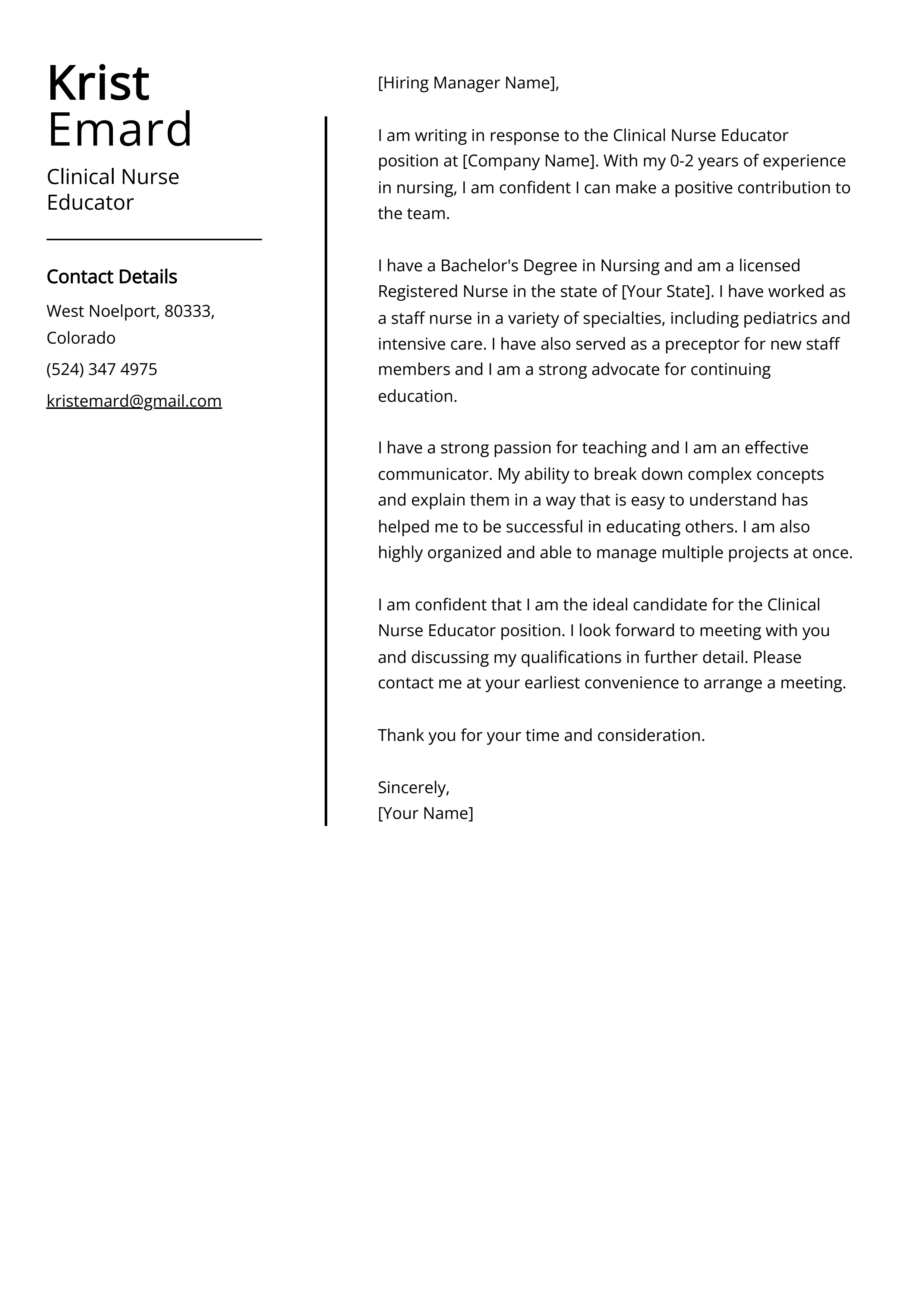 Clinical Nurse Educator Cover Letter Example