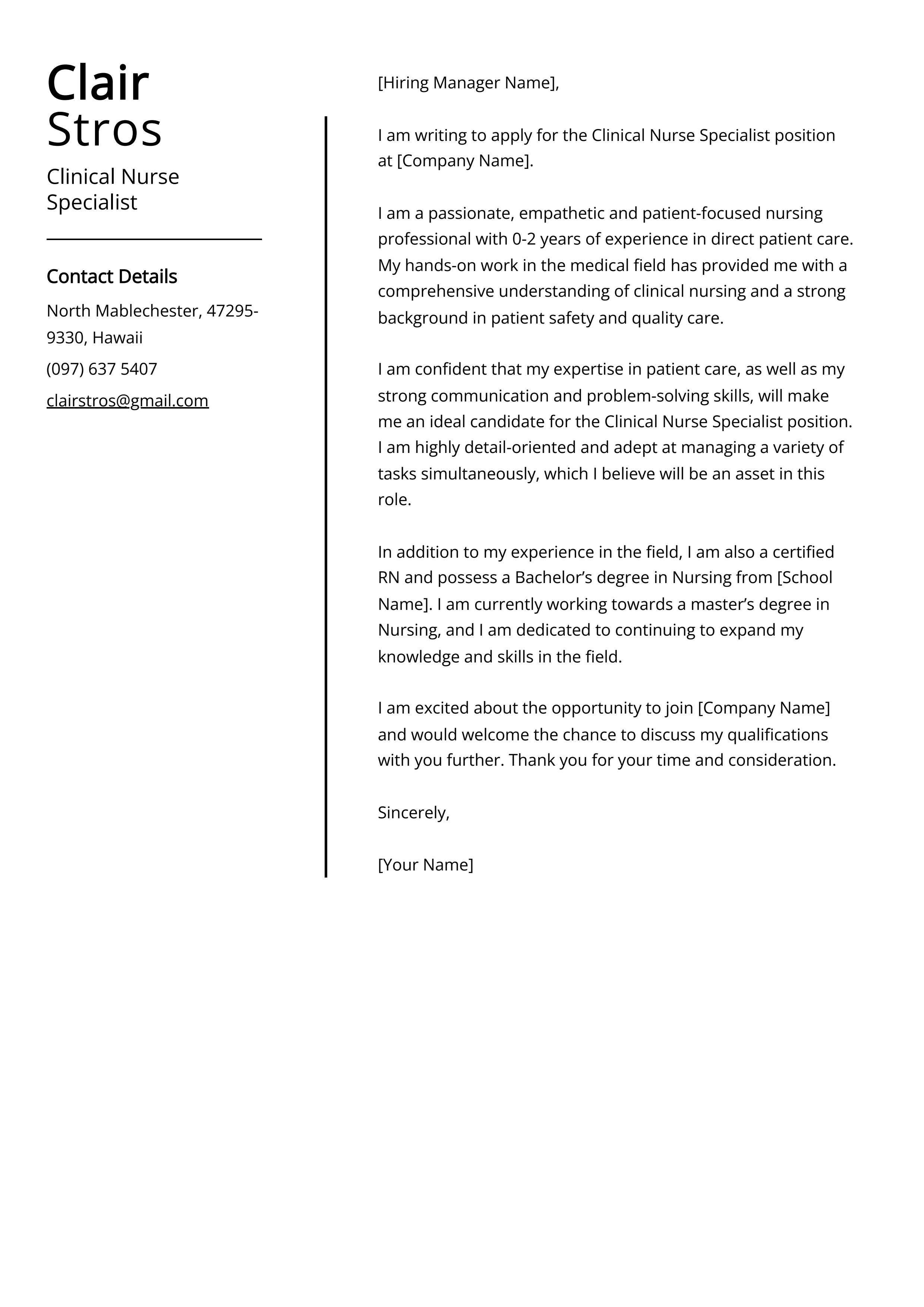Clinical Nurse Specialist Cover Letter Example