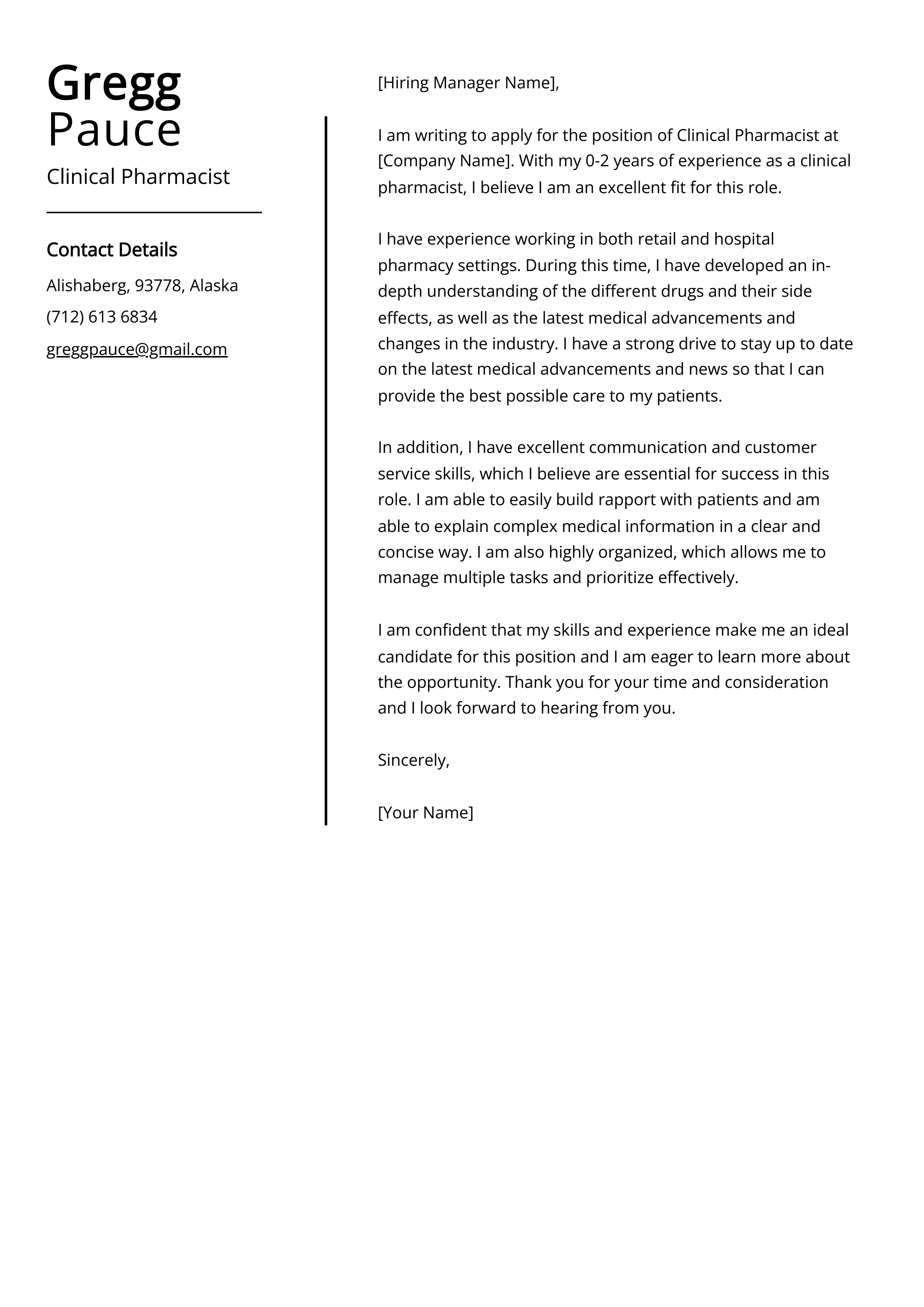 Clinical Pharmacist Cover Letter Example