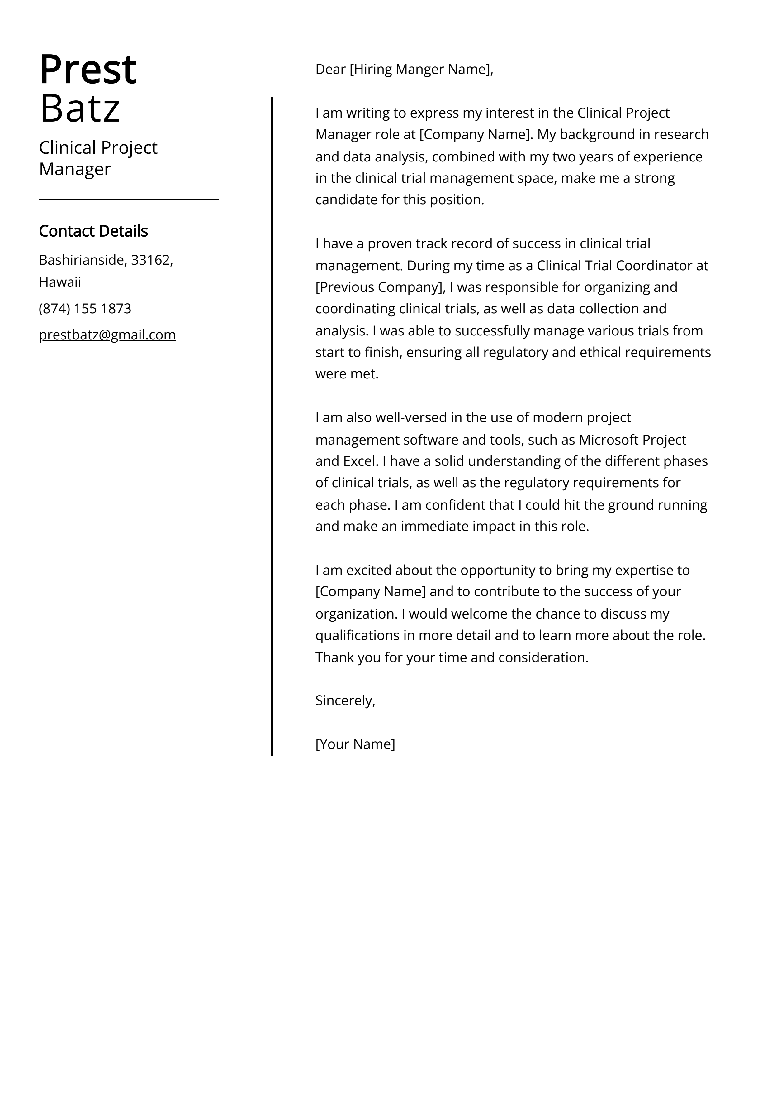 Clinical Project Manager Cover Letter Example