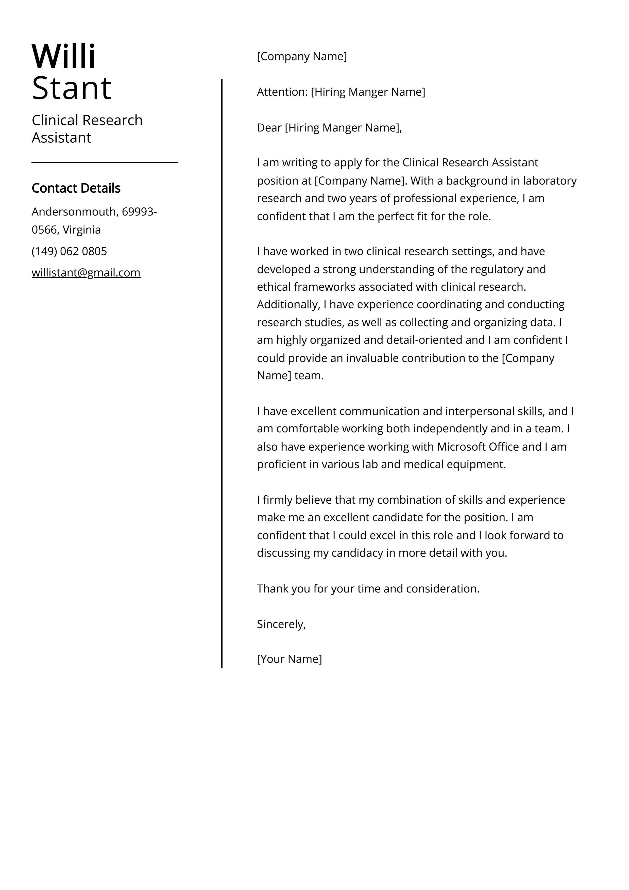 Clinical Research Assistant Cover Letter Example