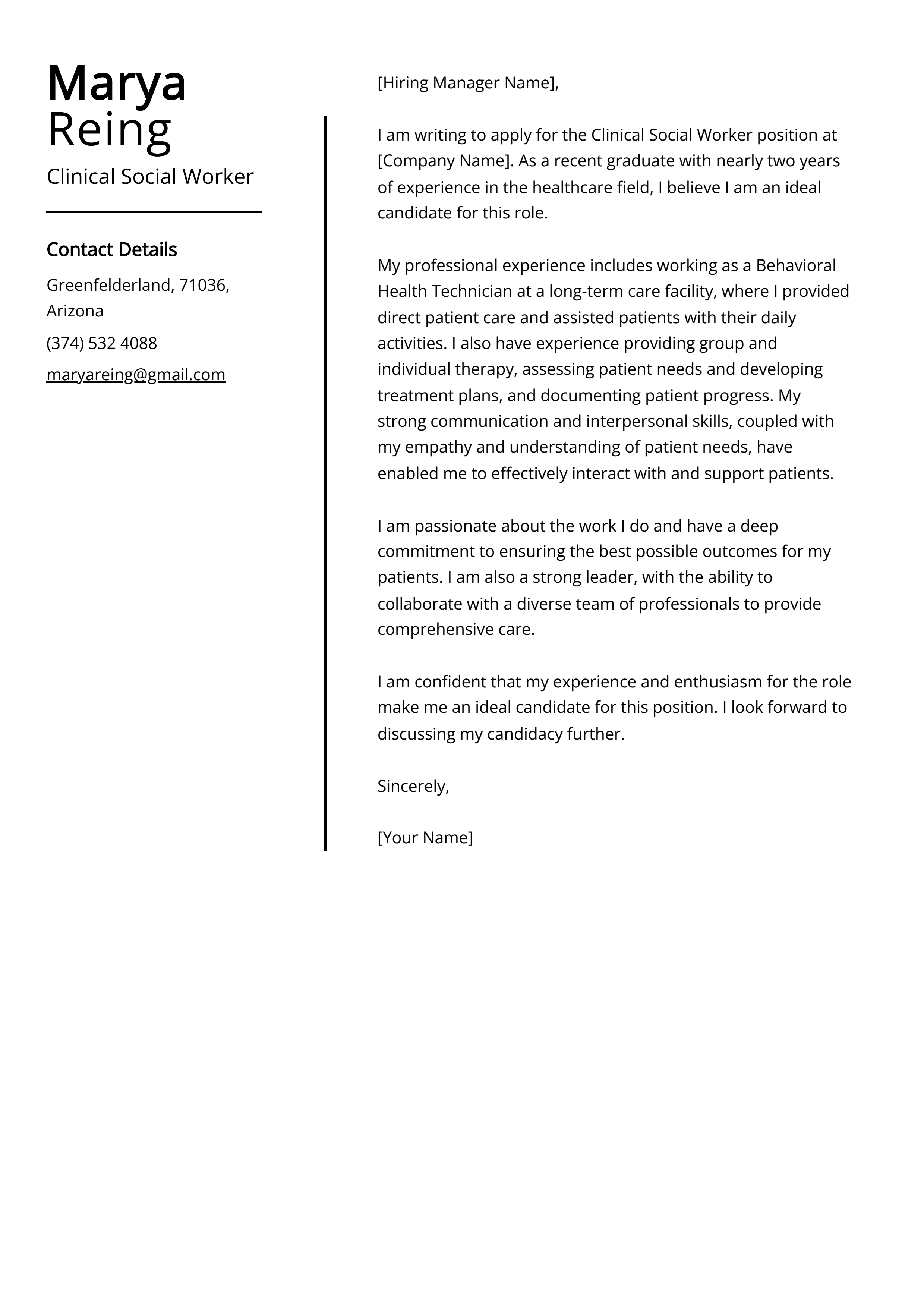 Clinical Social Worker Cover Letter Example