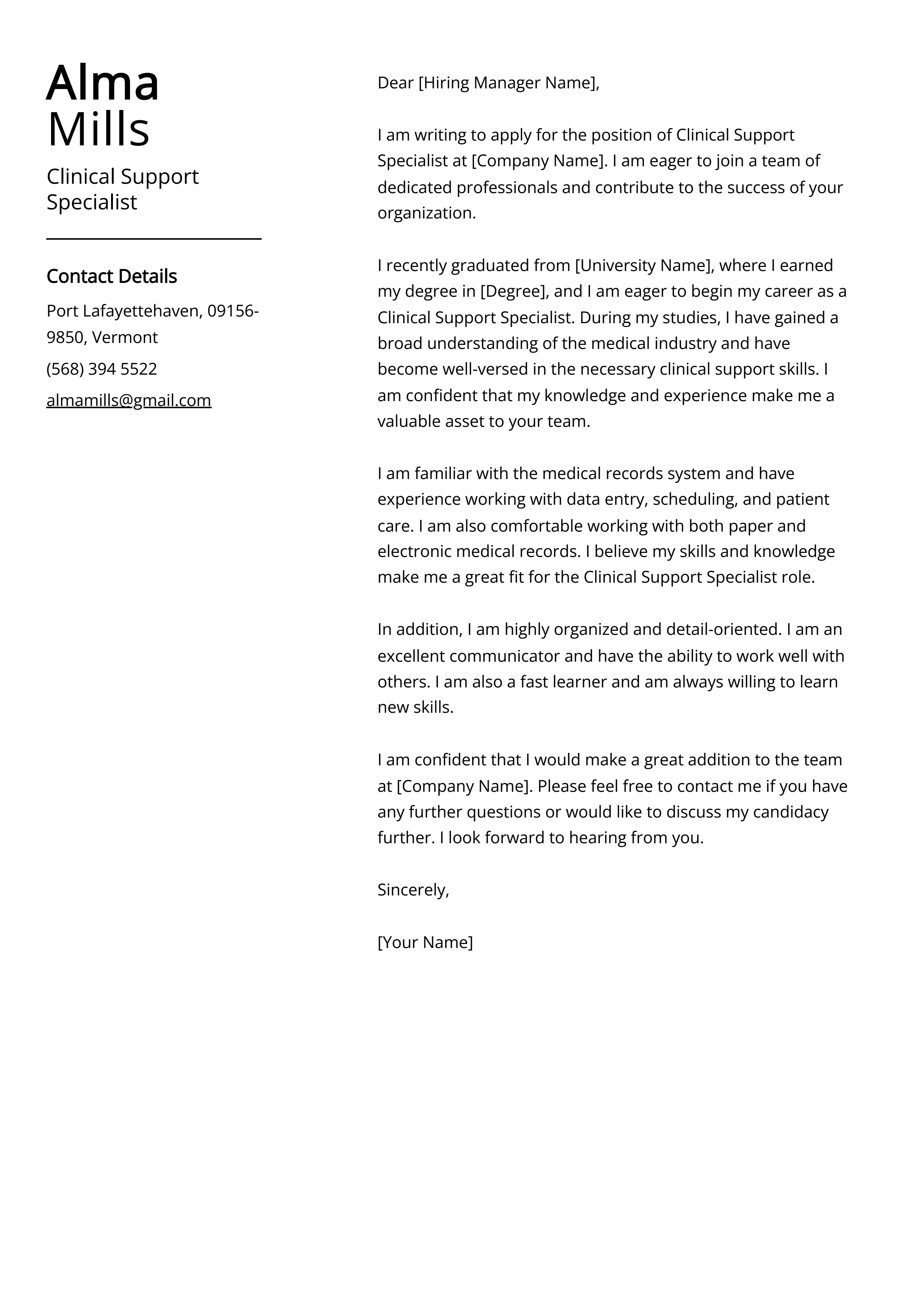 Clinical Support Specialist Cover Letter Example