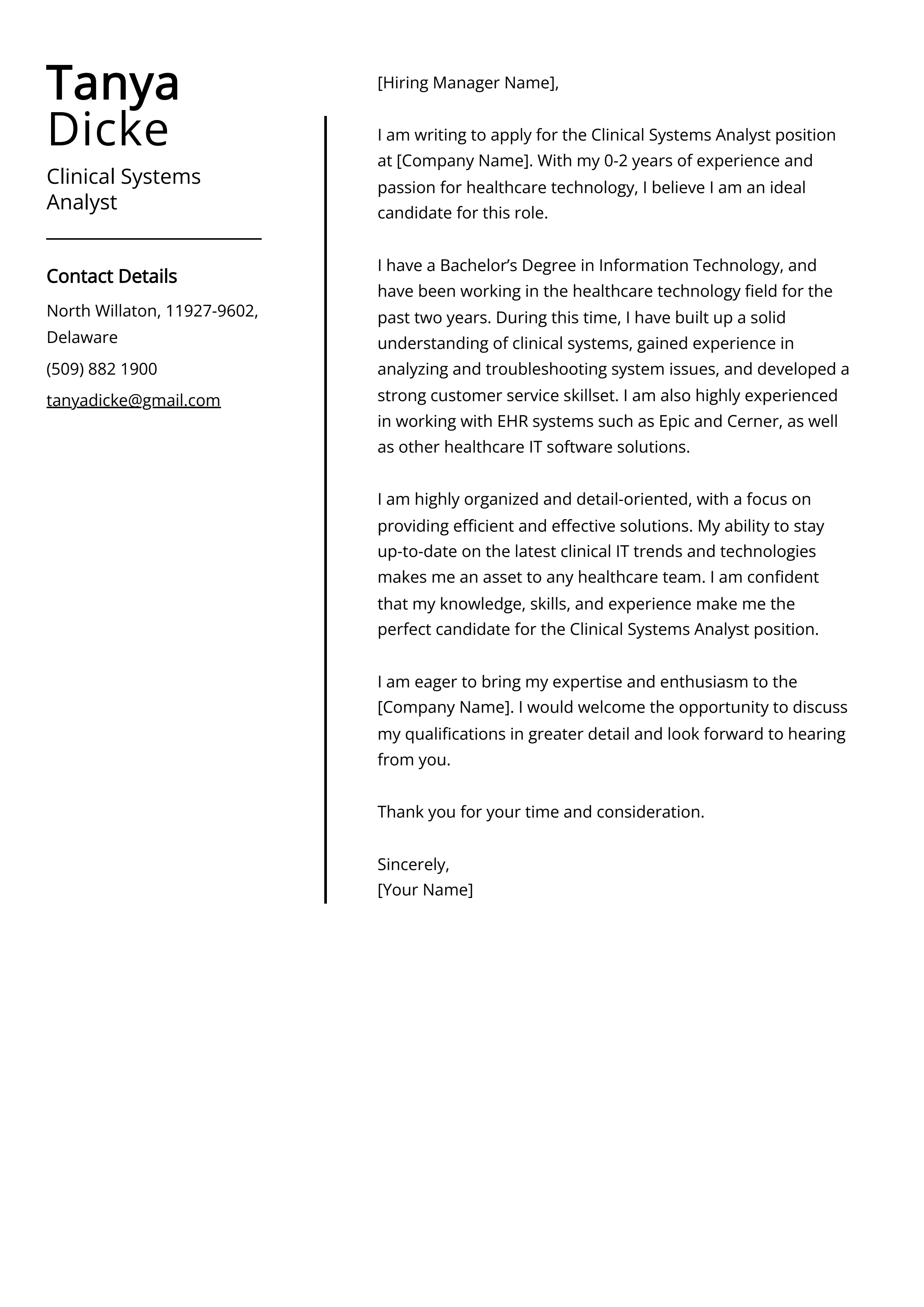 Clinical Systems Analyst Cover Letter Example