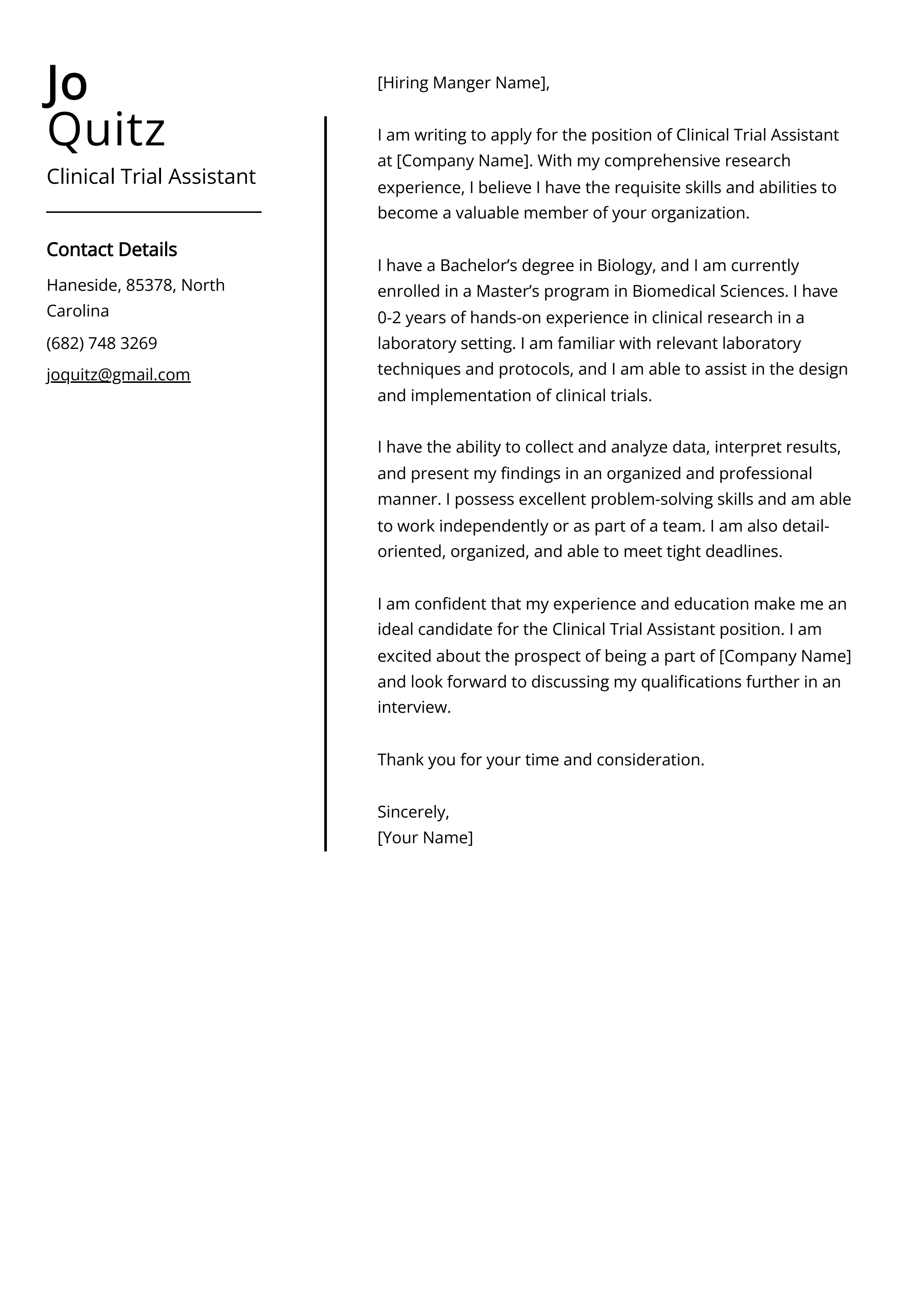 Clinical Trial Assistant Cover Letter Example