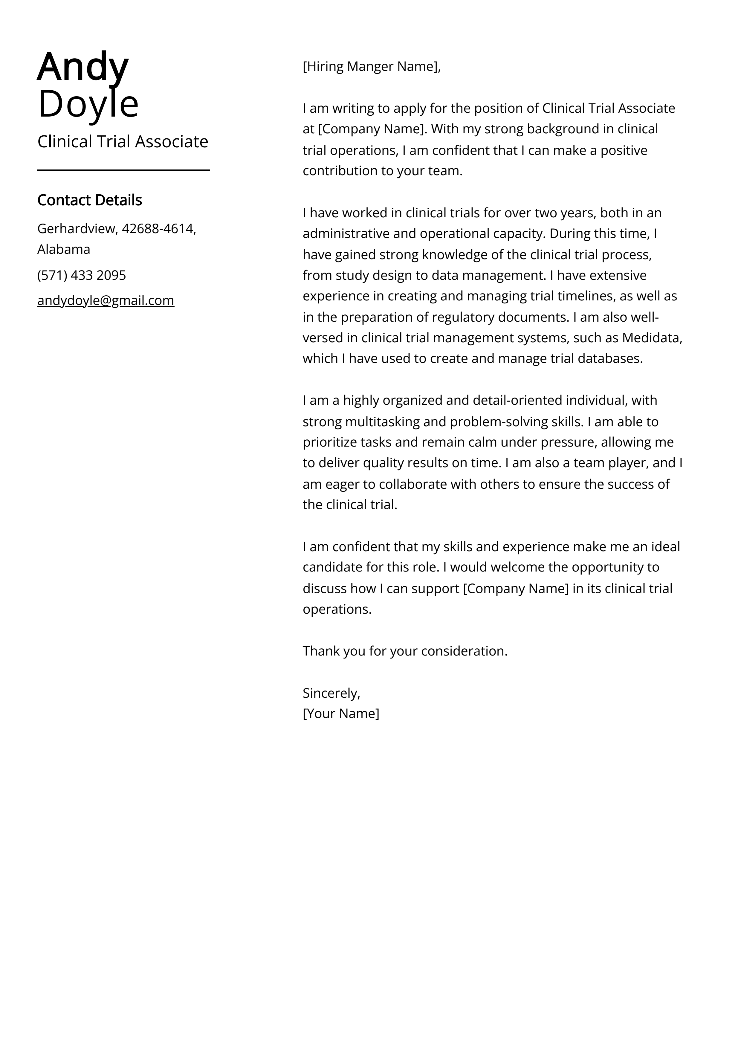 Clinical Trial Associate Cover Letter Example