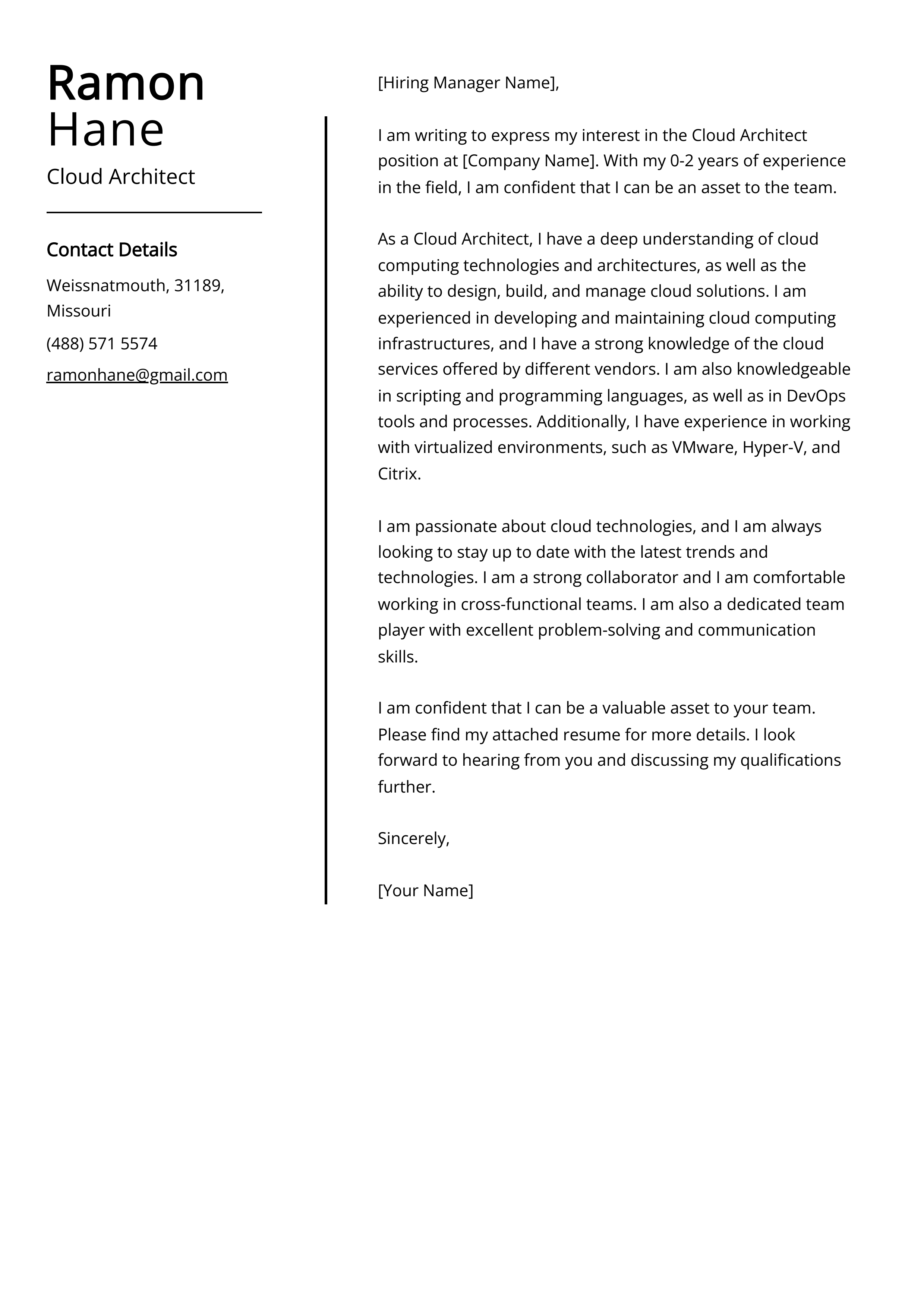 Cloud Architect Cover Letter Example