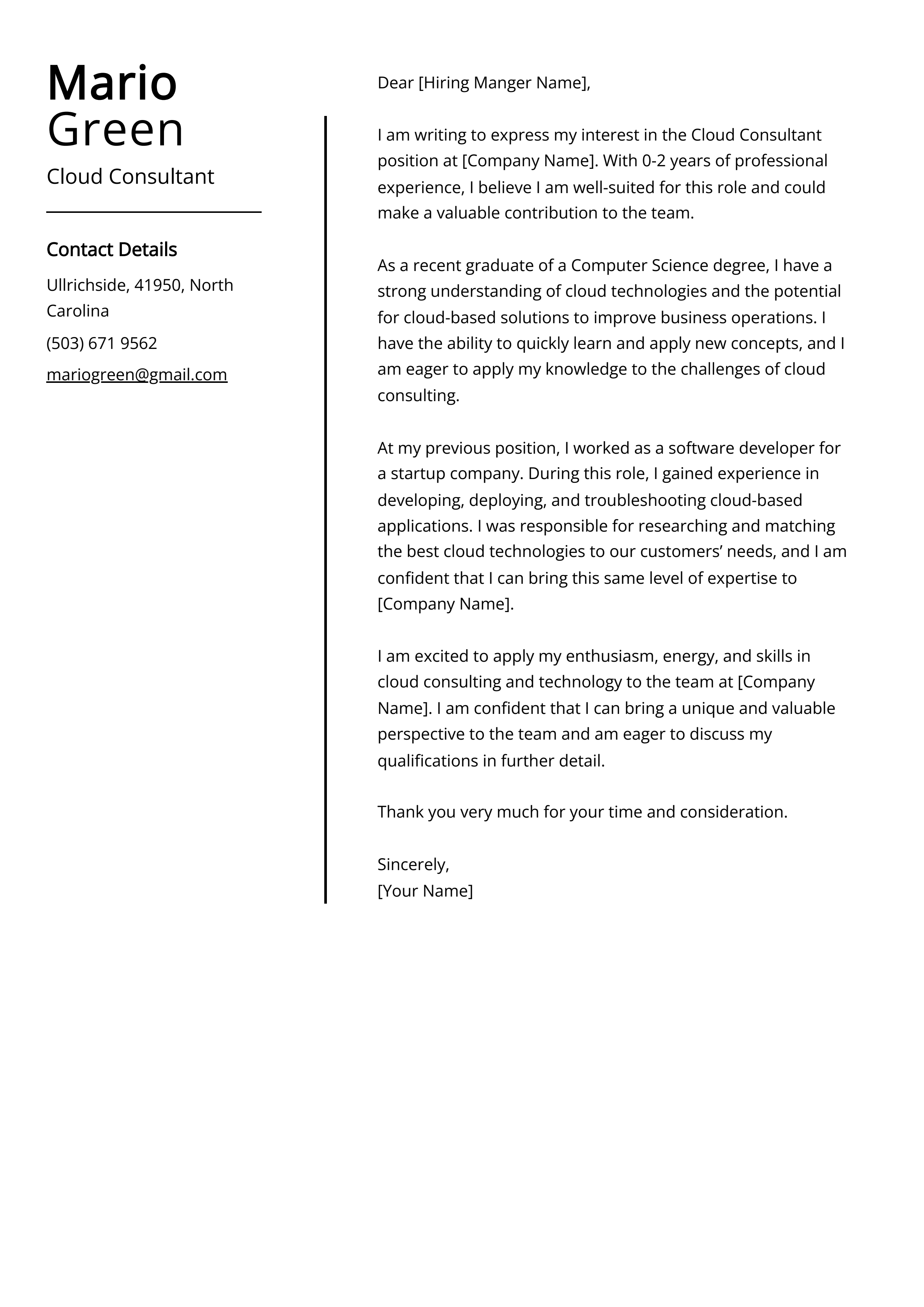 Cloud Consultant Cover Letter Example