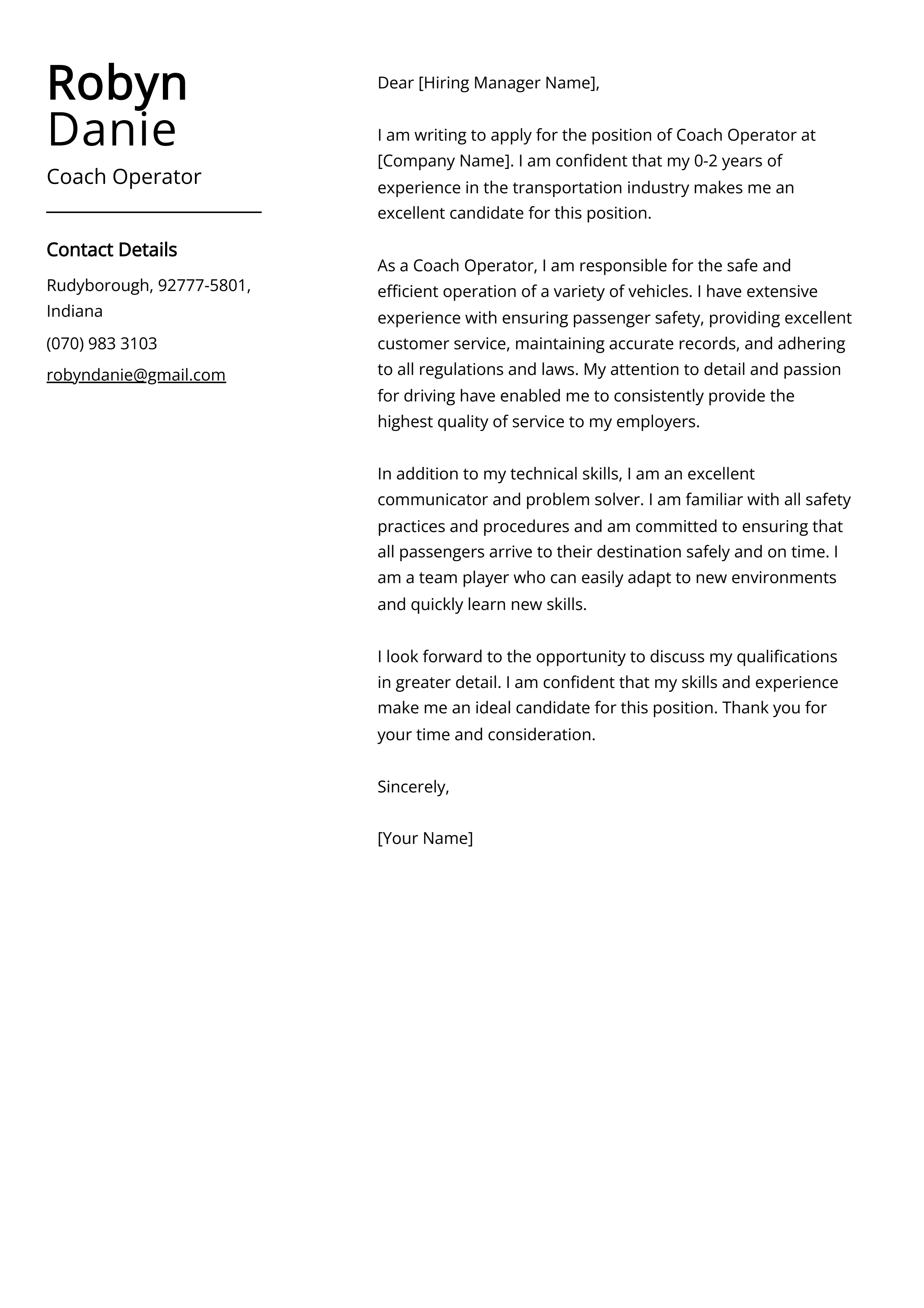 Coach Operator Cover Letter Example
