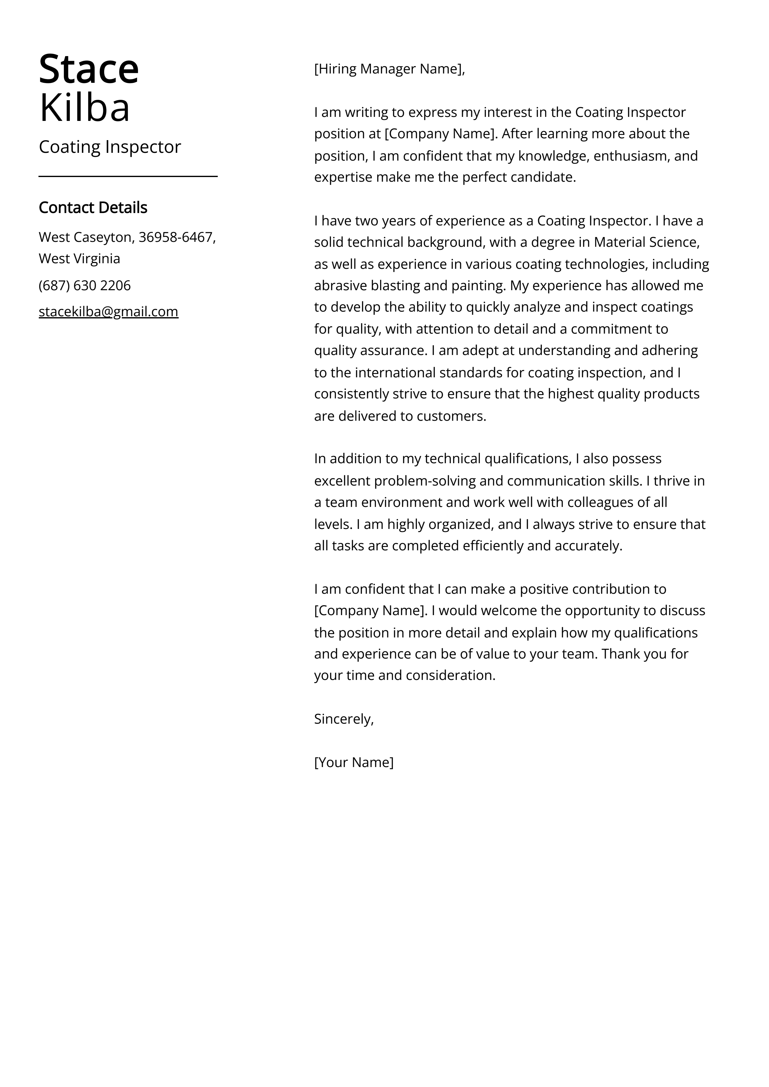 Coating Inspector Cover Letter Example