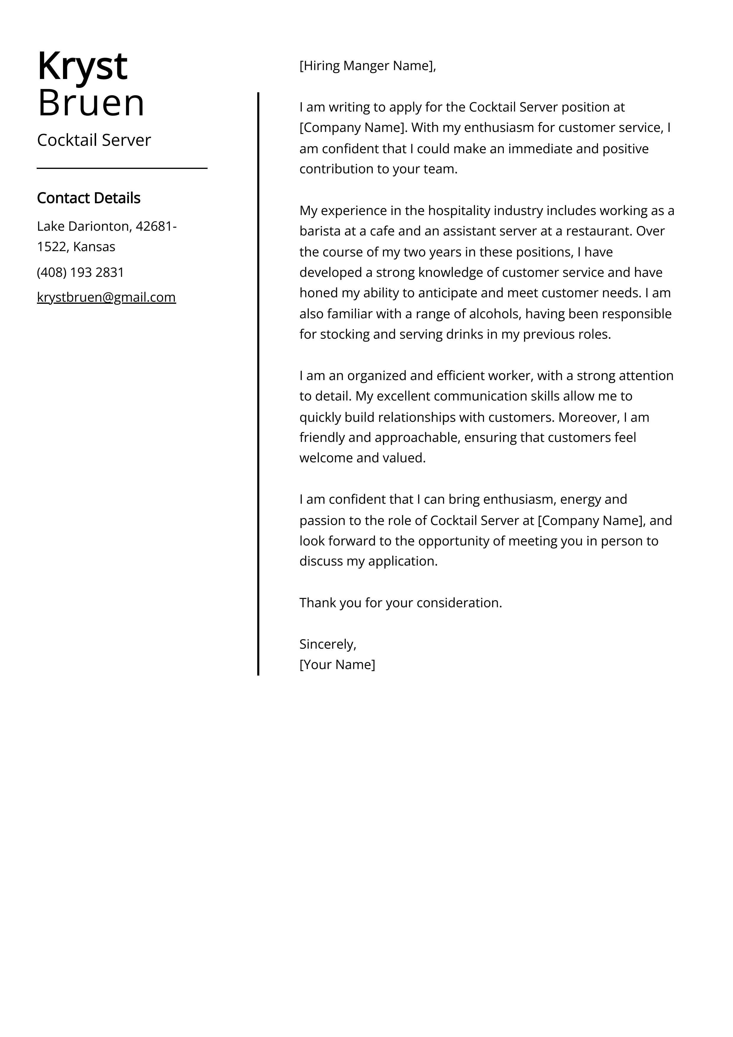 Cocktail Server Cover Letter Example