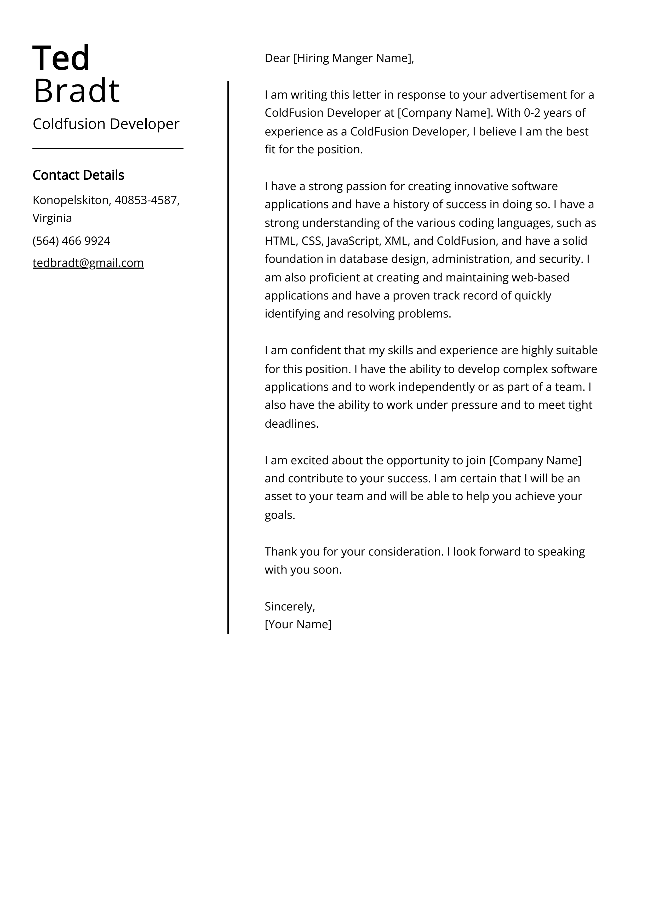 Coldfusion Developer Cover Letter Example