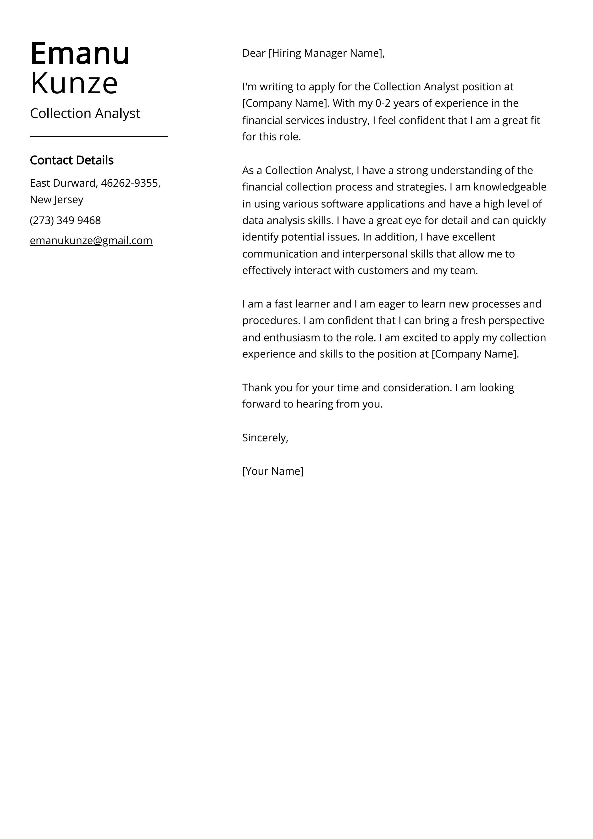 Collection Analyst Cover Letter Example