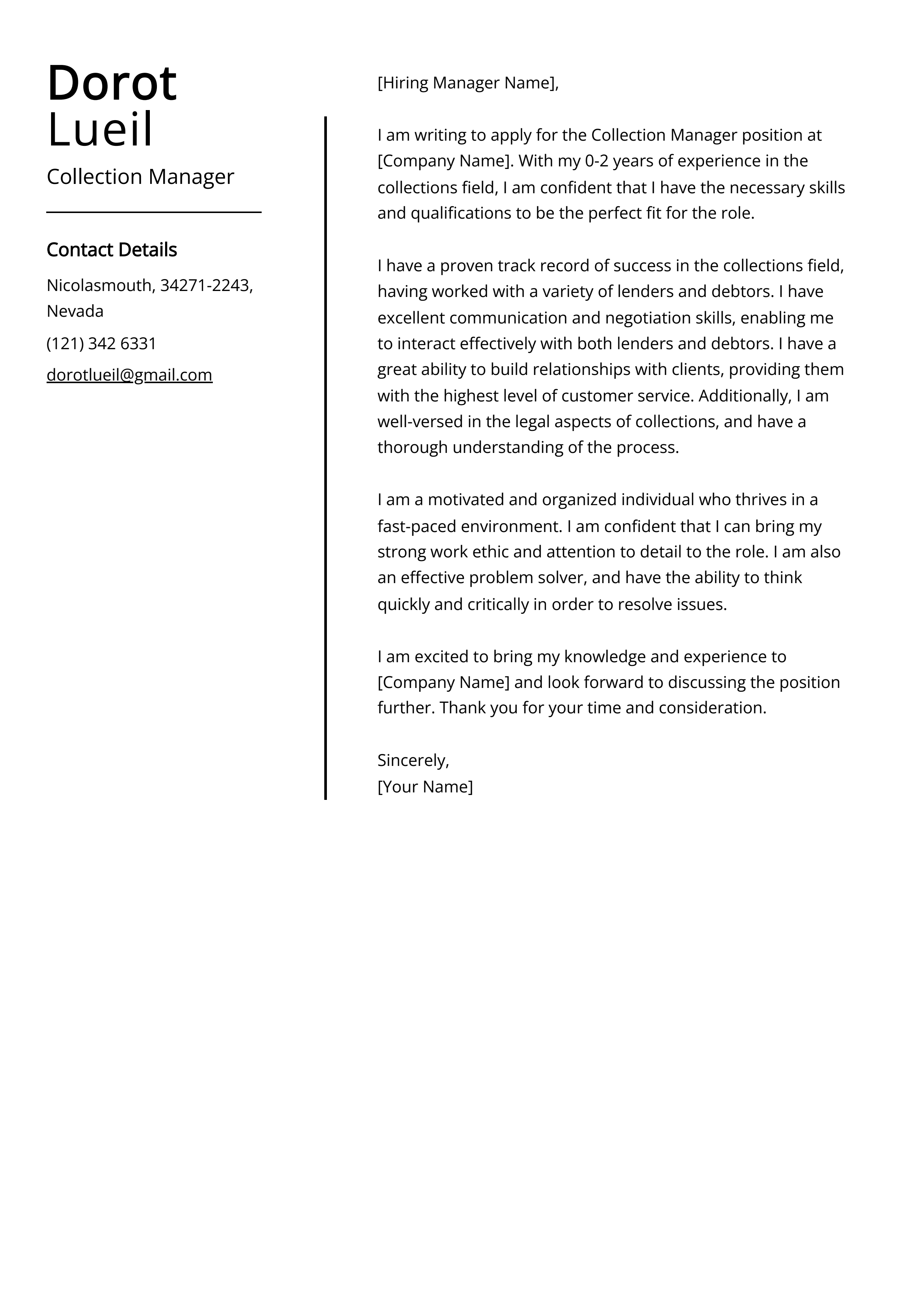 Collection Manager Cover Letter Example