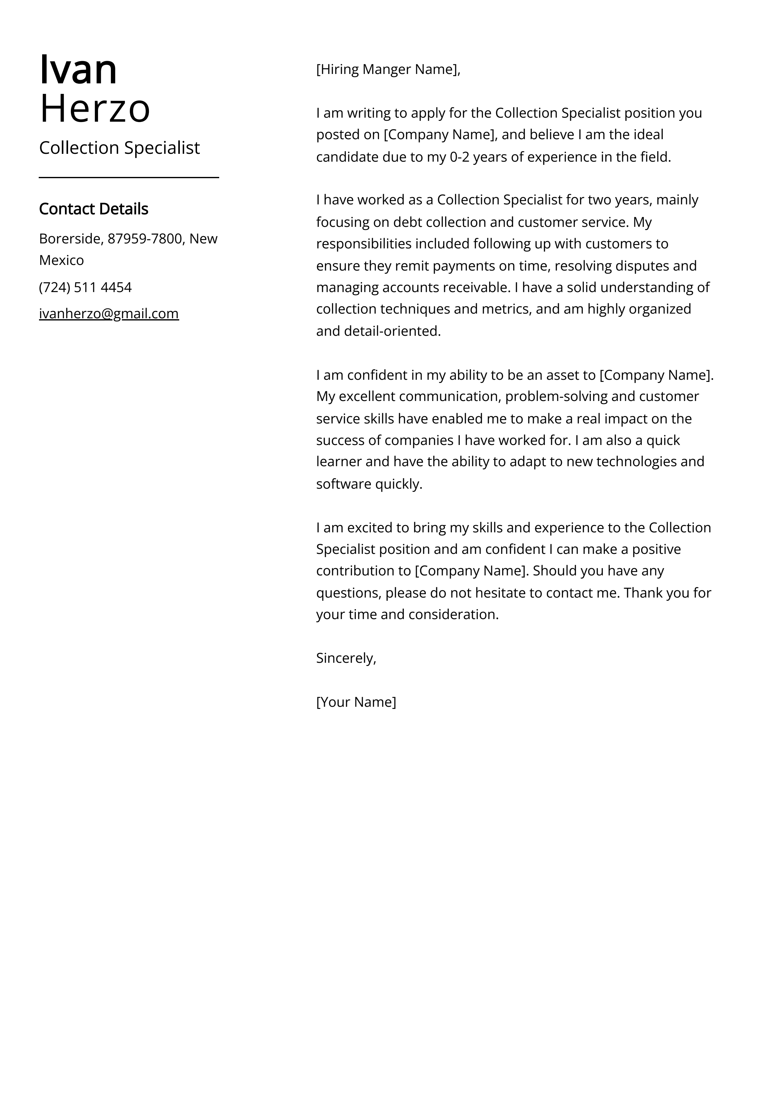 Collection Specialist Cover Letter Example