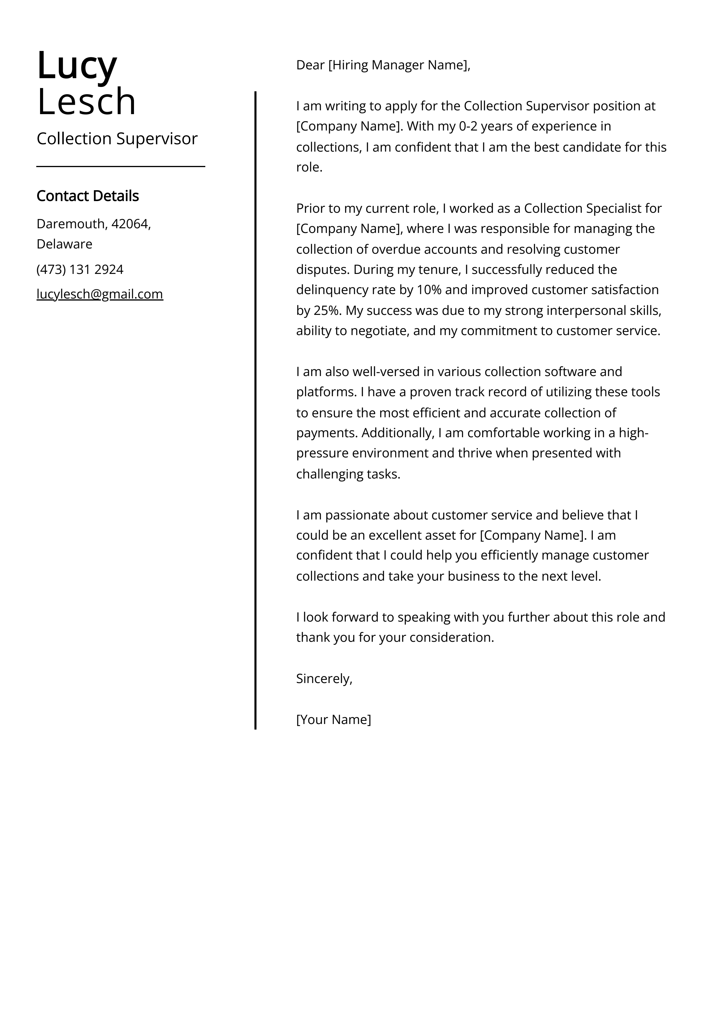 Collection Supervisor Cover Letter Example