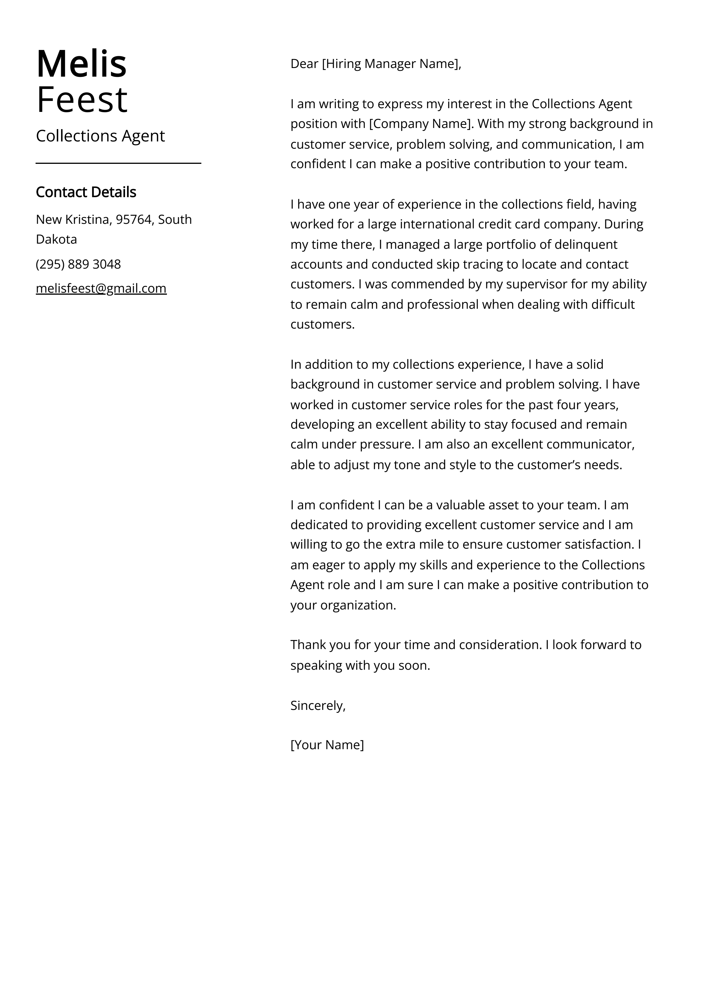 Collections Agent Cover Letter Example