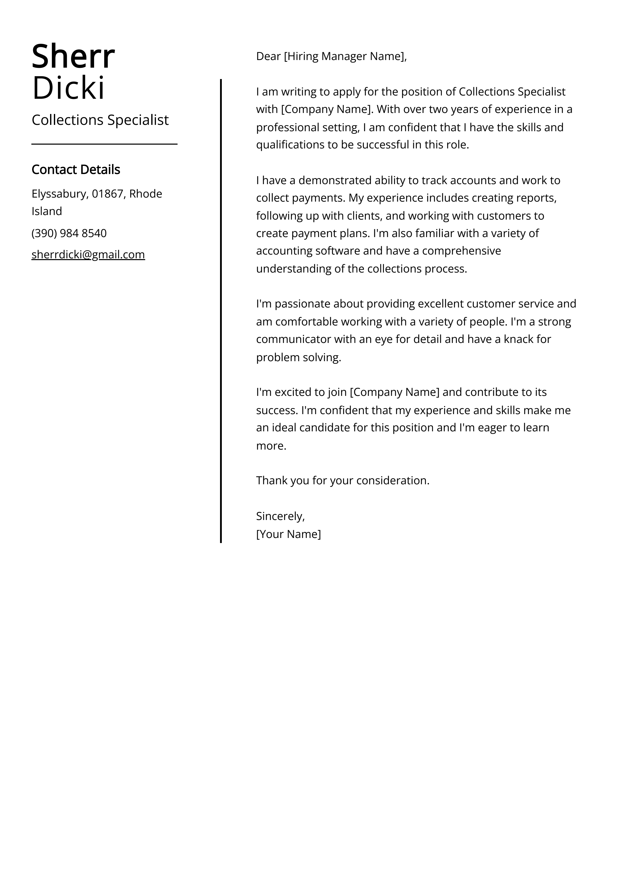 Collections Specialist Cover Letter Example