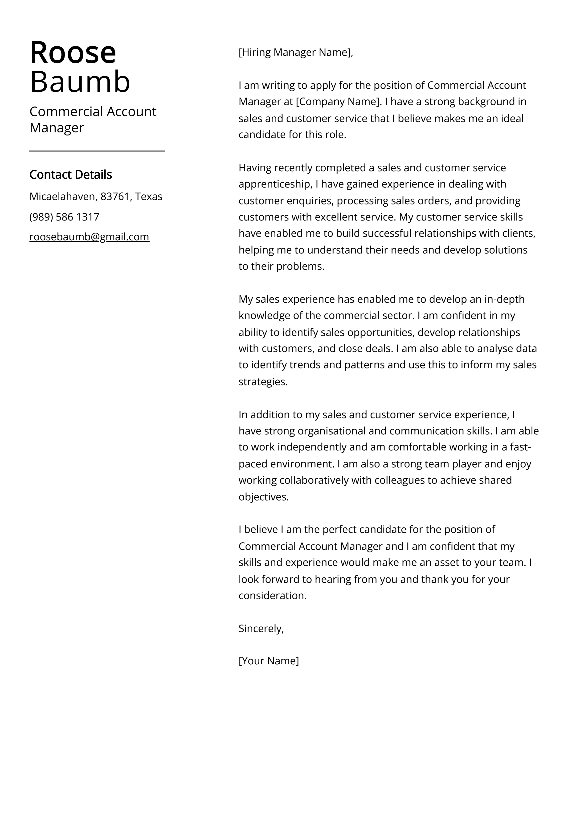 Commercial Account Manager Cover Letter Example