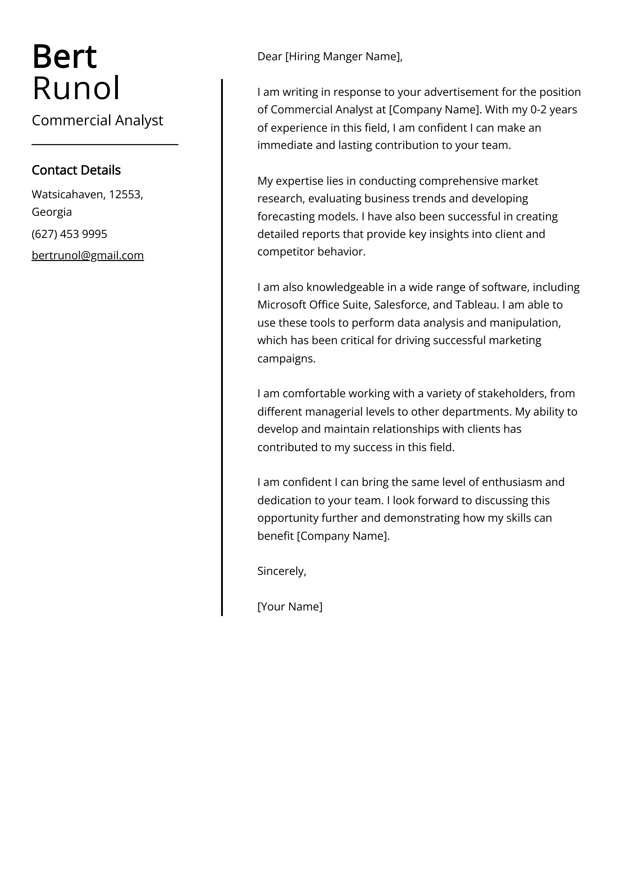 Commercial Analyst Cover Letter Example