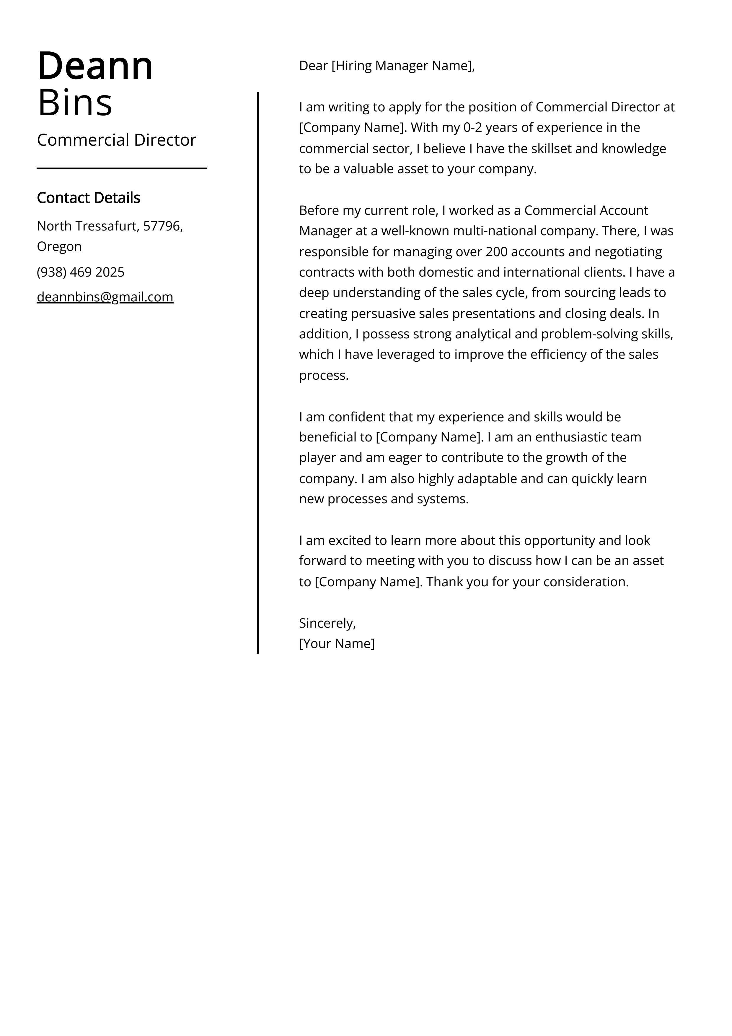 Commercial Director Cover Letter Example