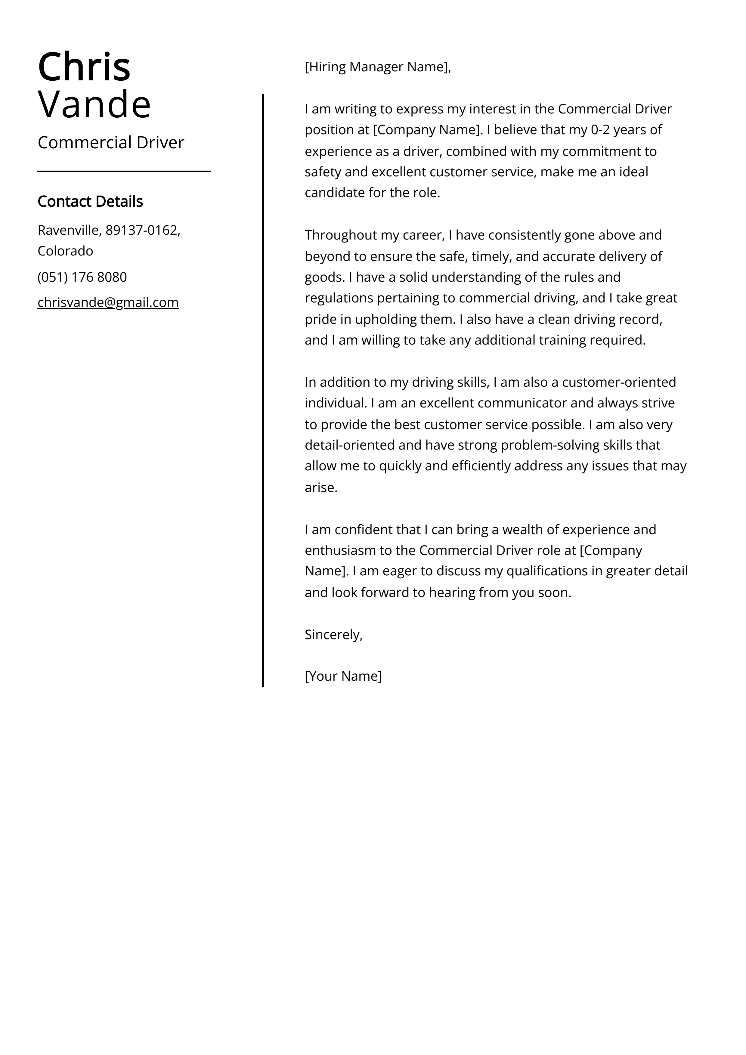 Commercial Driver Cover Letter Example