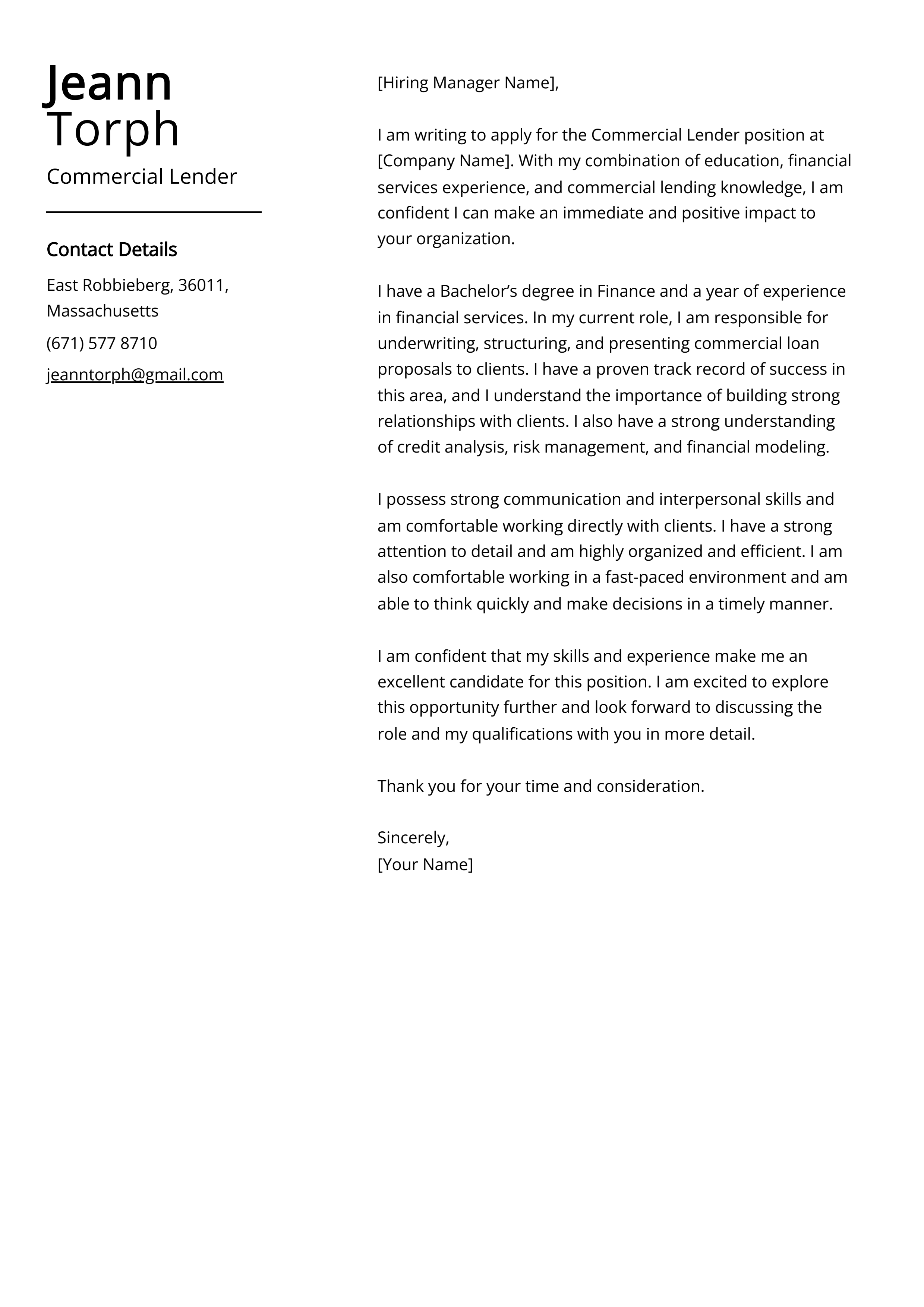 Commercial Lender Cover Letter Example