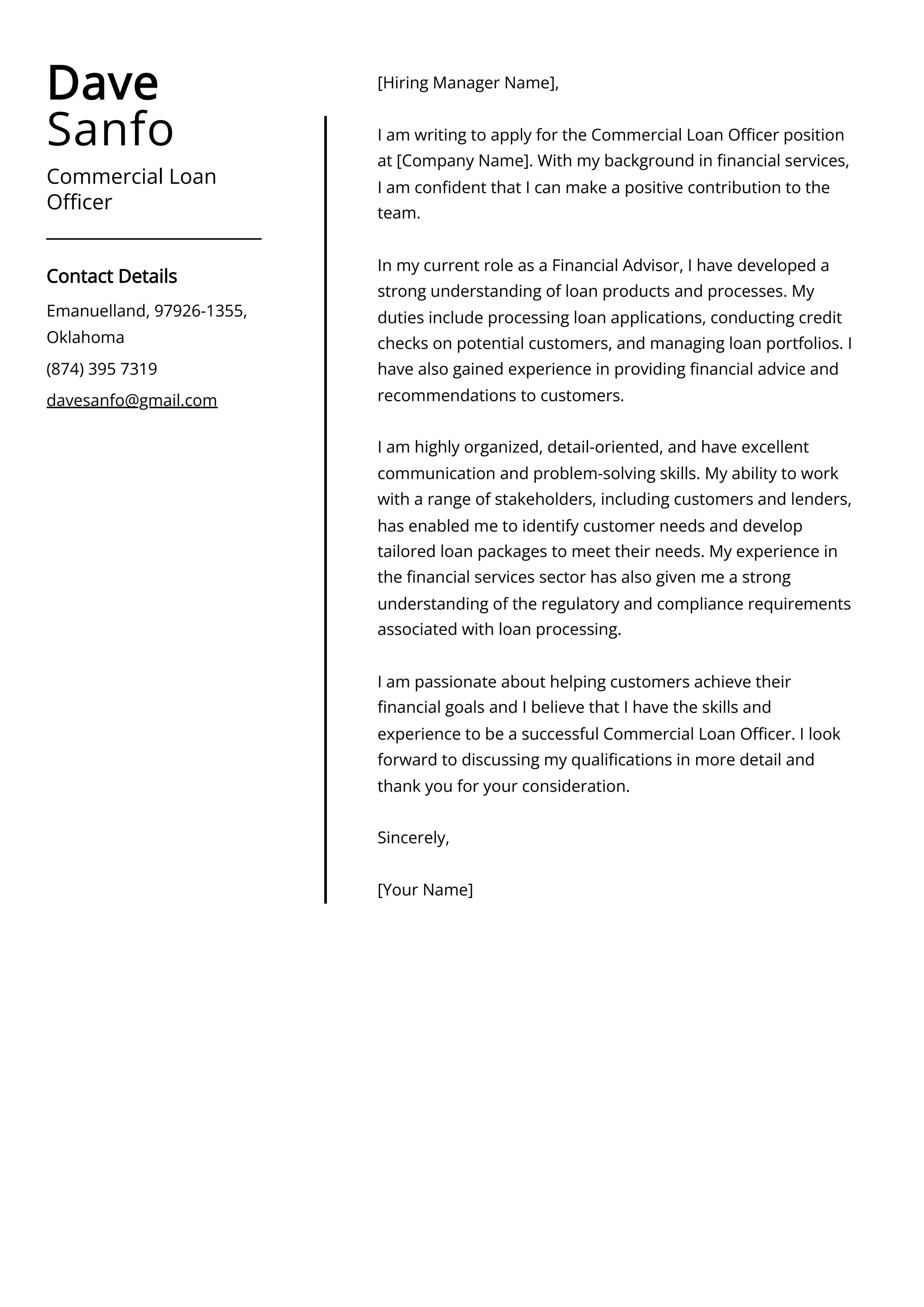 Commercial Loan Officer Cover Letter Example