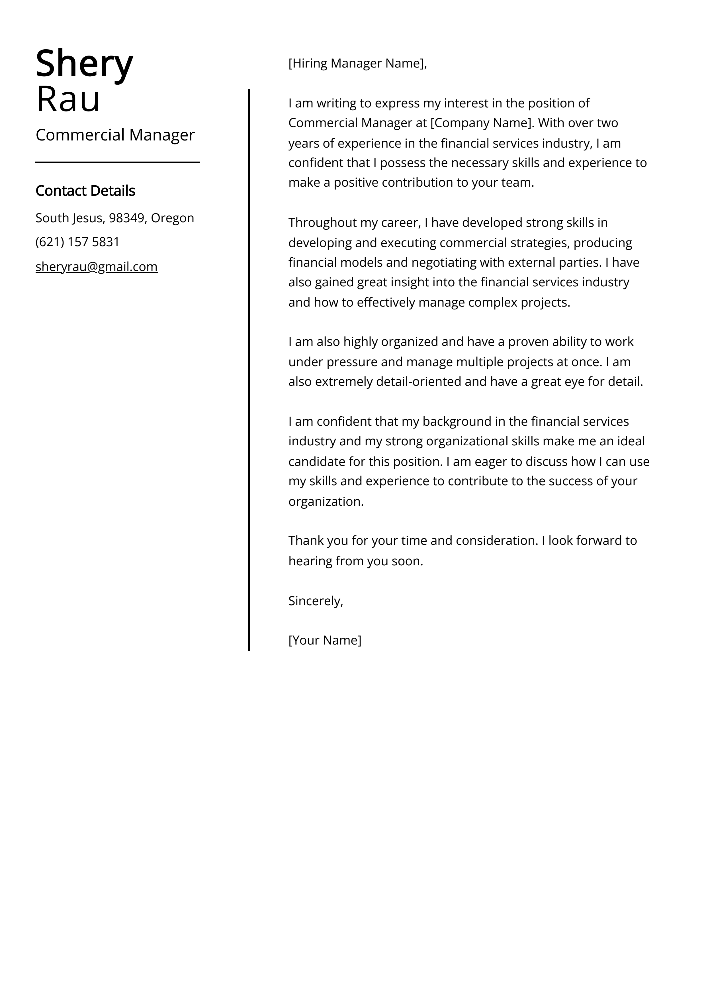 Commercial Manager Cover Letter Example
