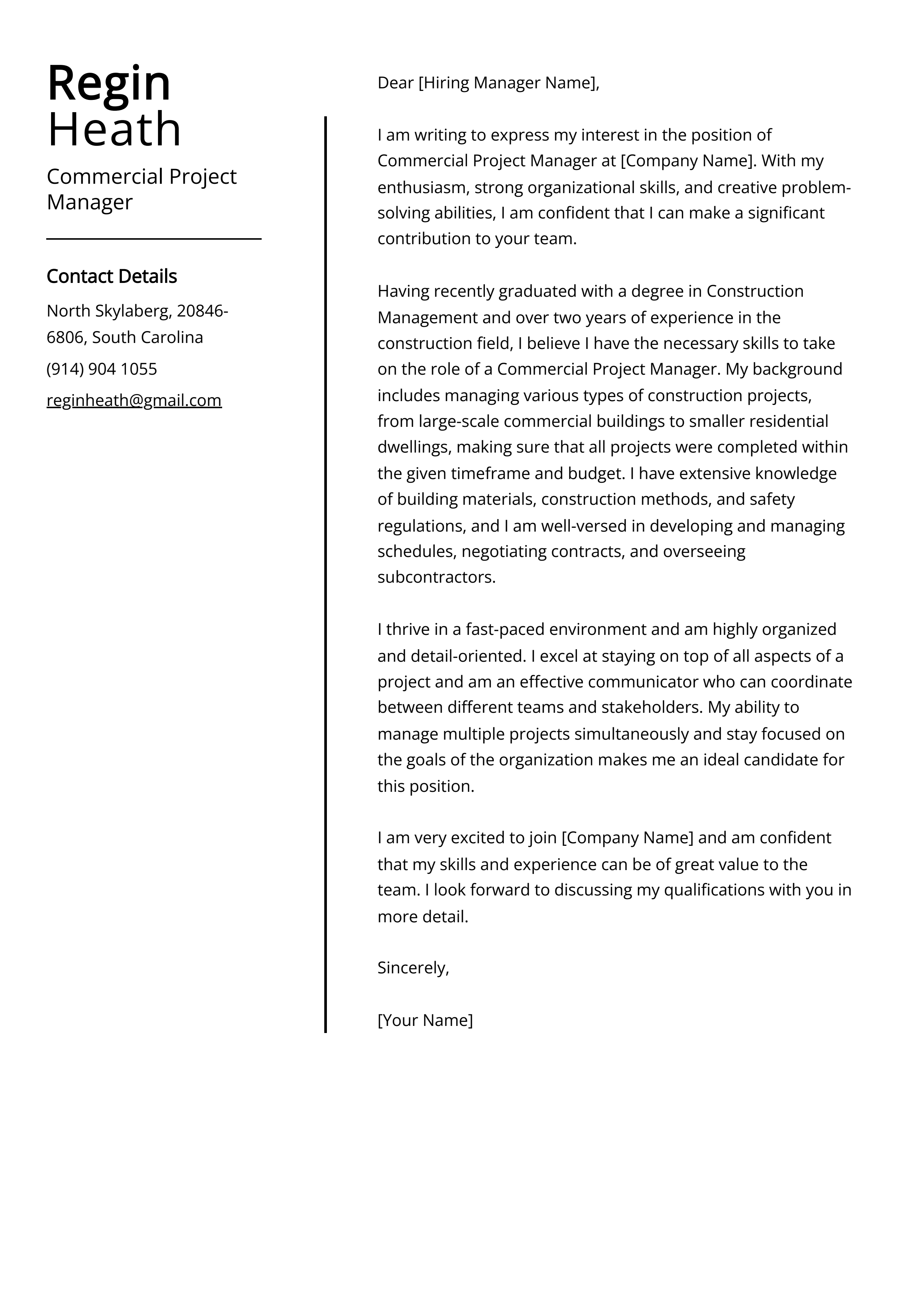 Commercial Project Manager Cover Letter Example