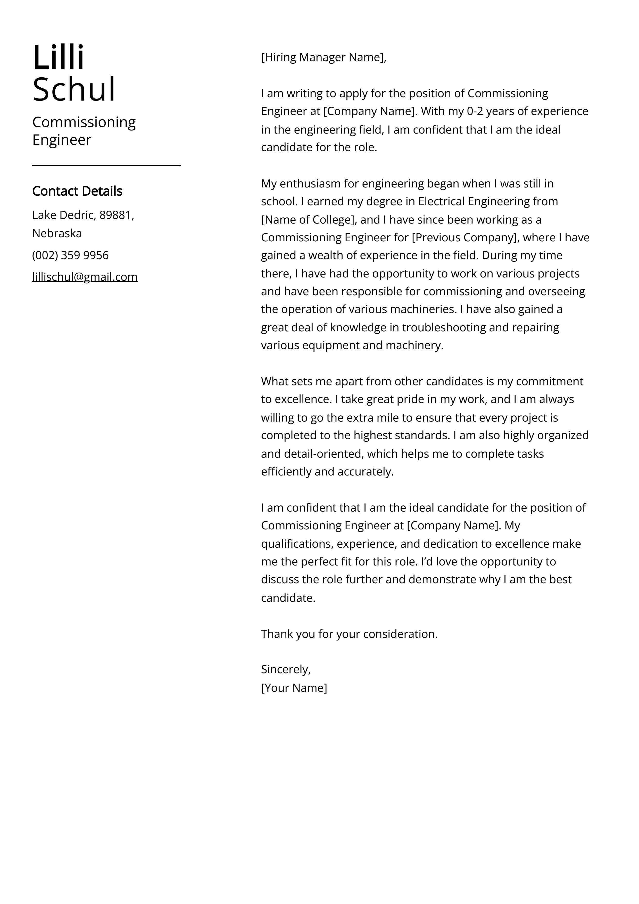 Commissioning Engineer Cover Letter Example