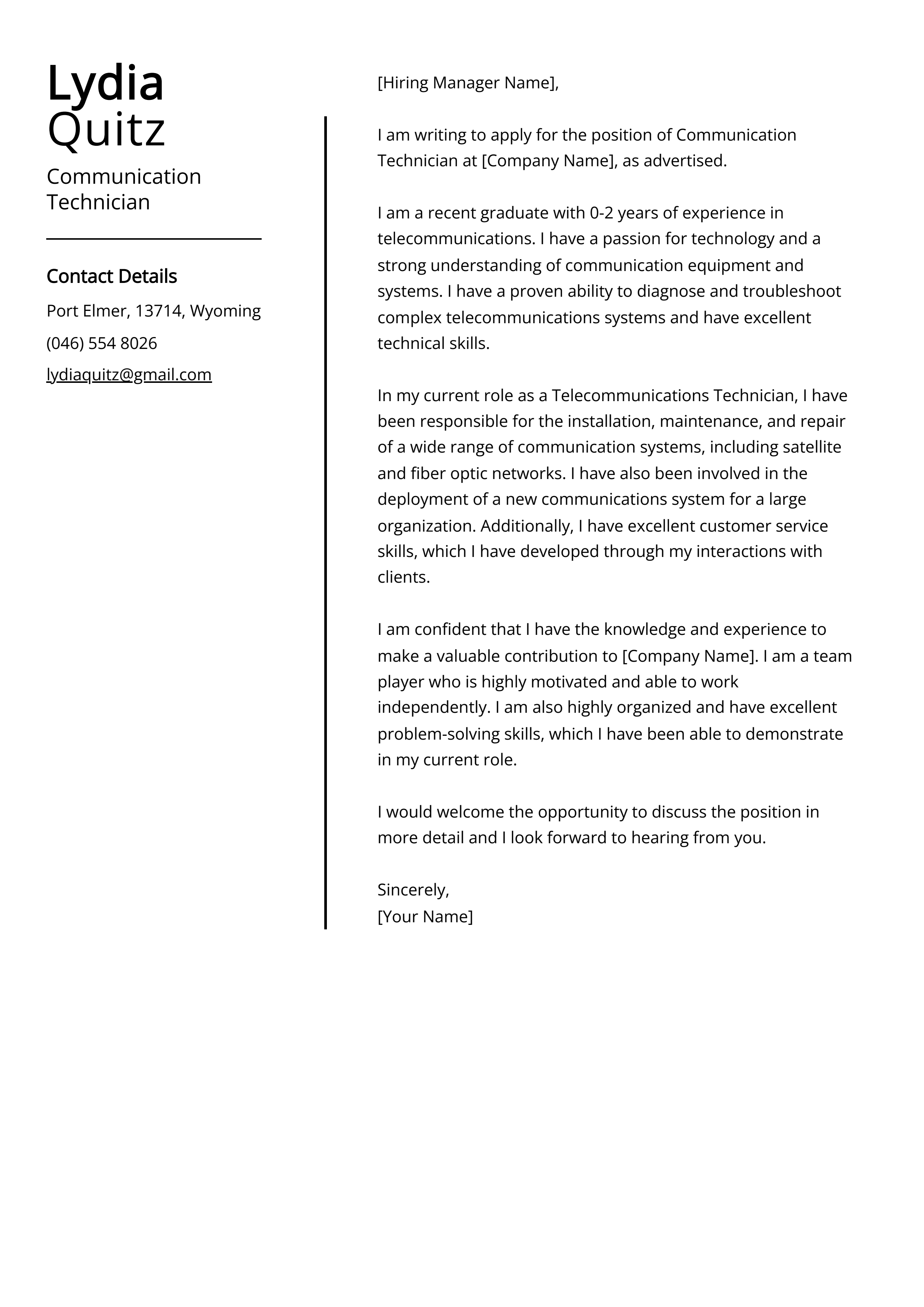 Communication Technician Cover Letter Example