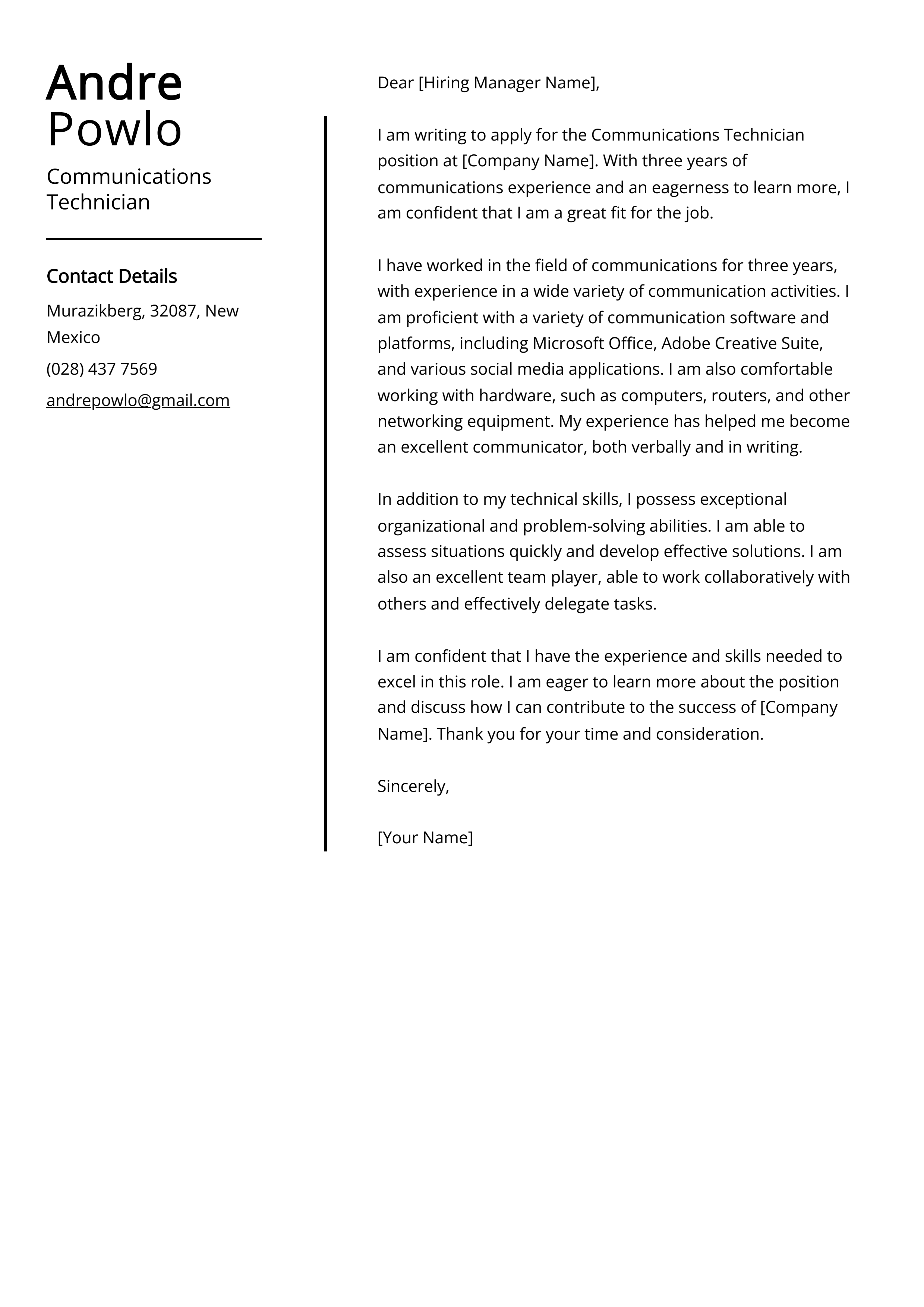 Communications Technician Cover Letter Example