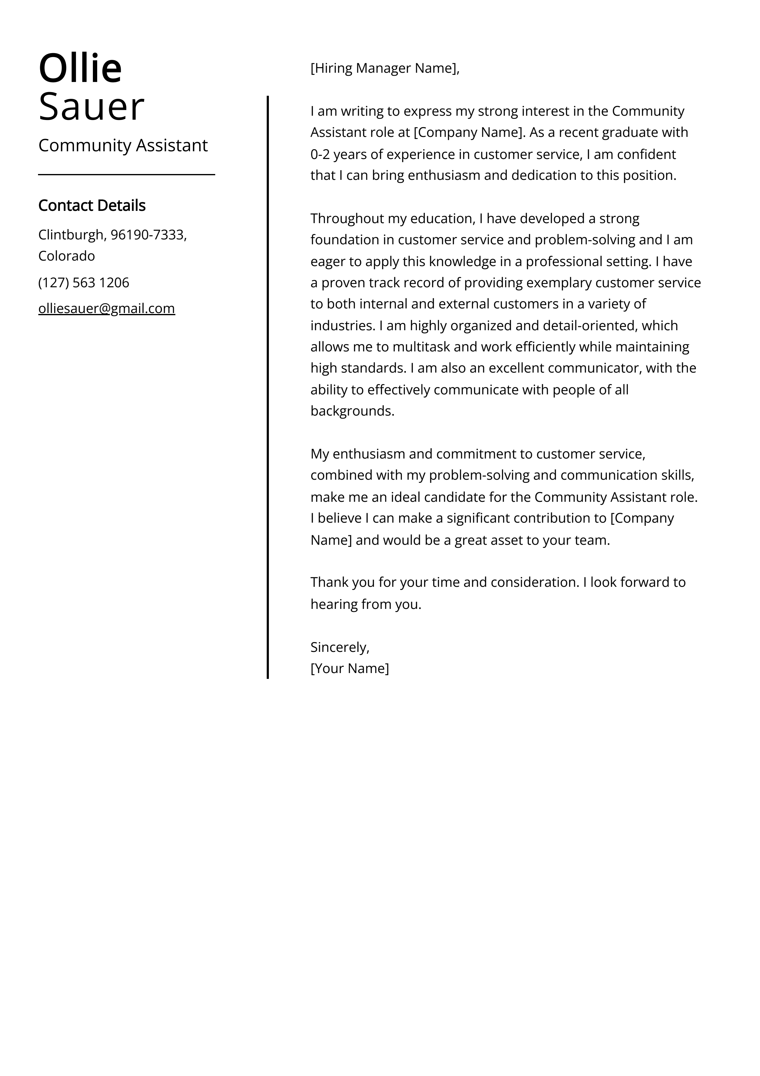 Community Assistant Cover Letter Example