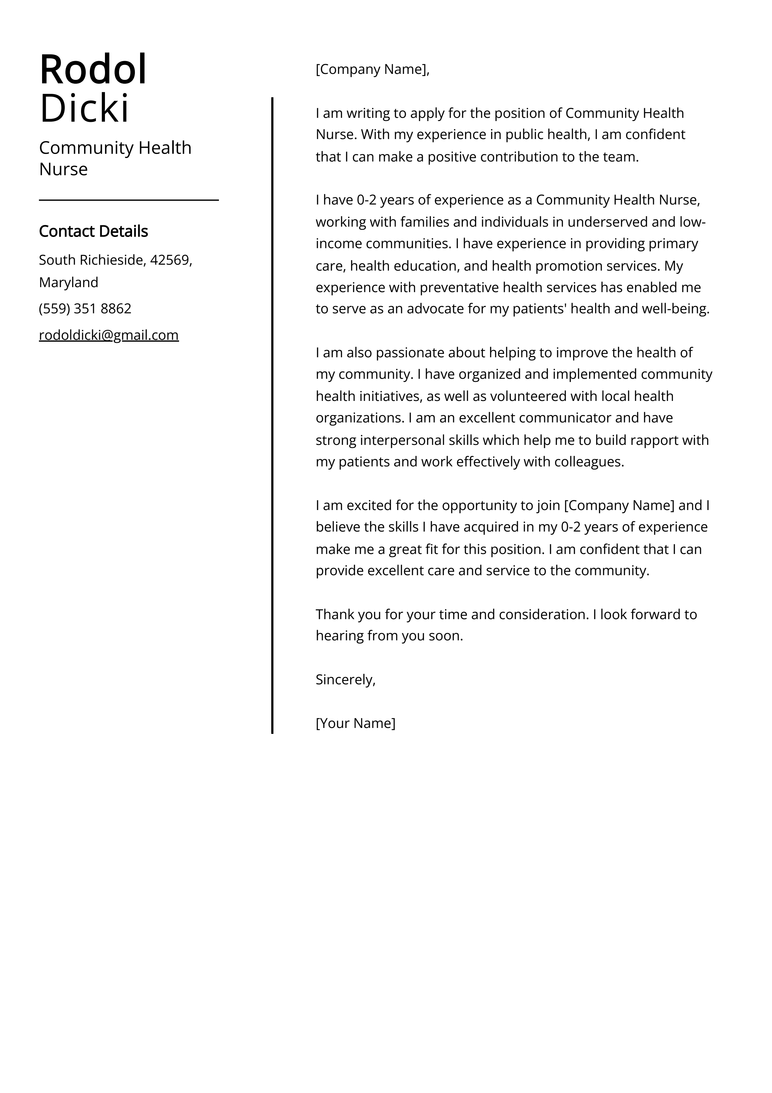 Community Health Nurse Cover Letter Example