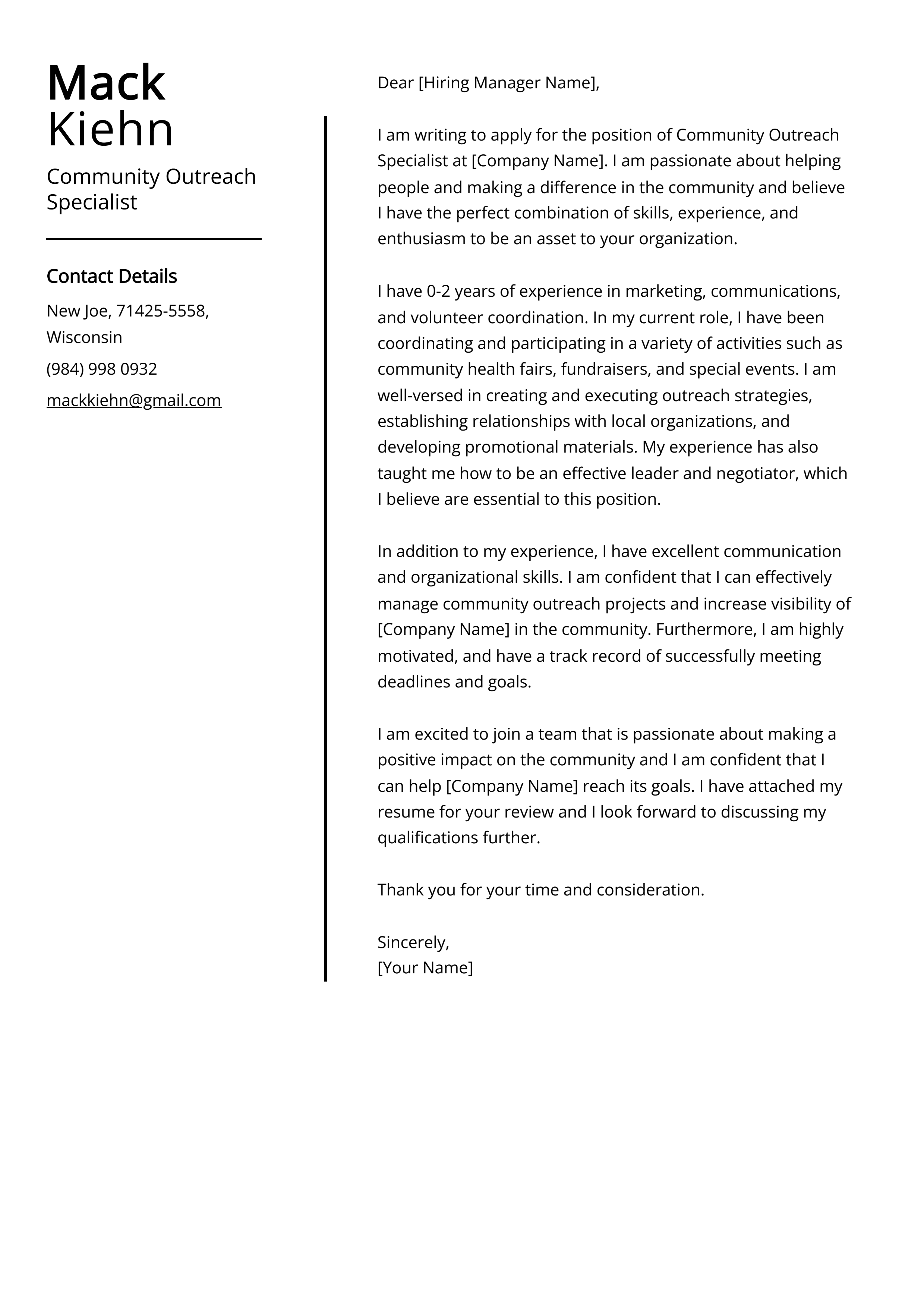 Community Outreach Specialist Cover Letter Example