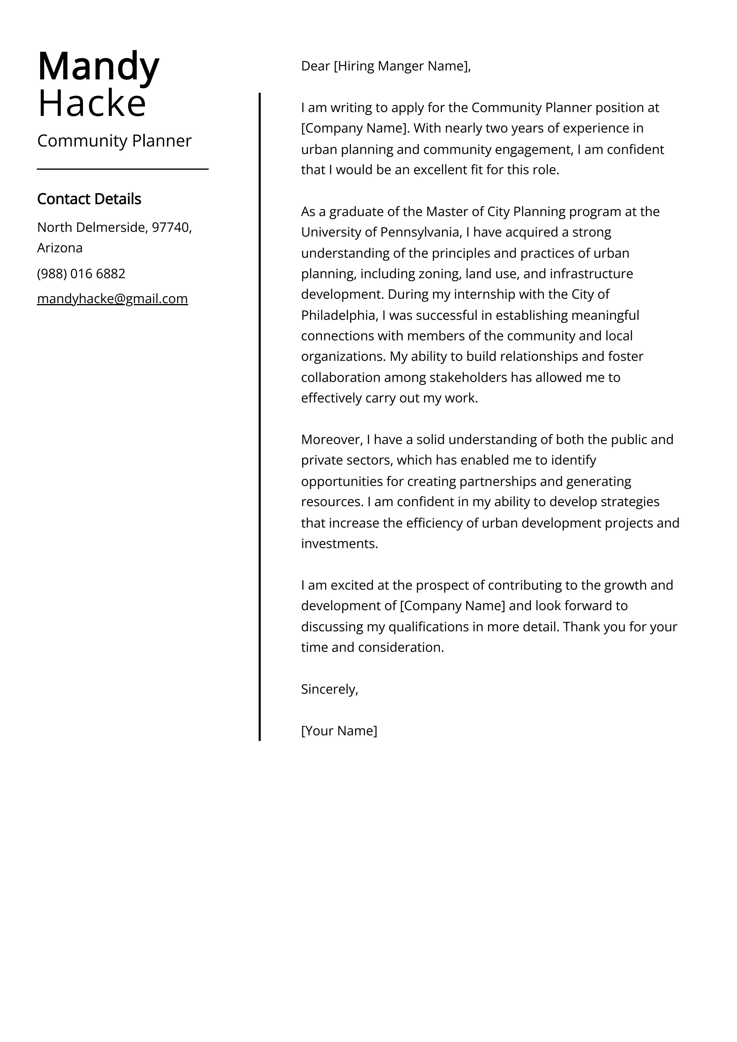 Community Planner Cover Letter Example