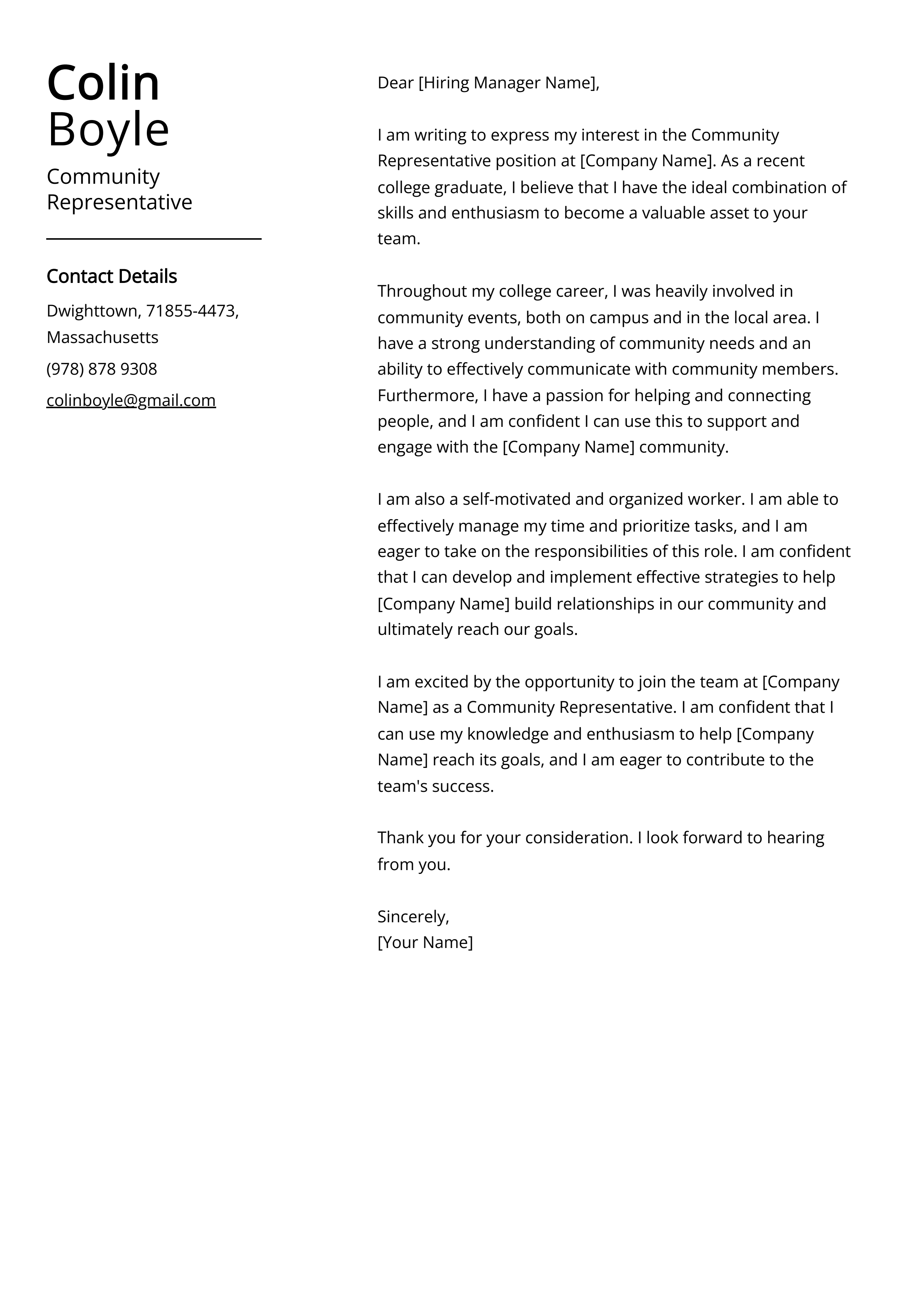 Community Representative Cover Letter Example