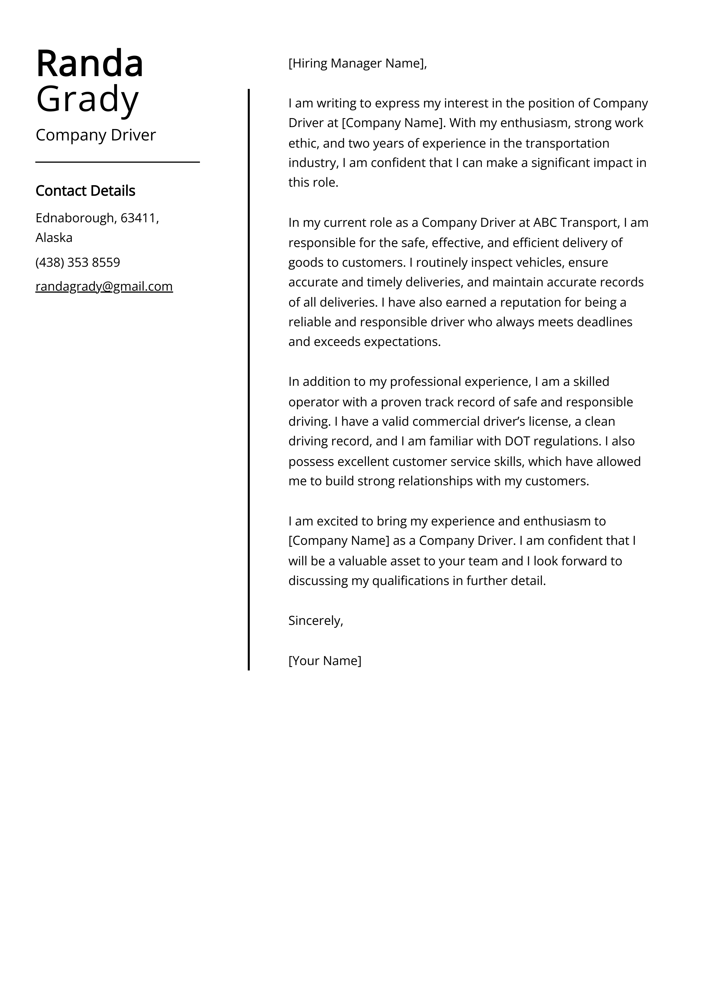 Company Driver Cover Letter Example