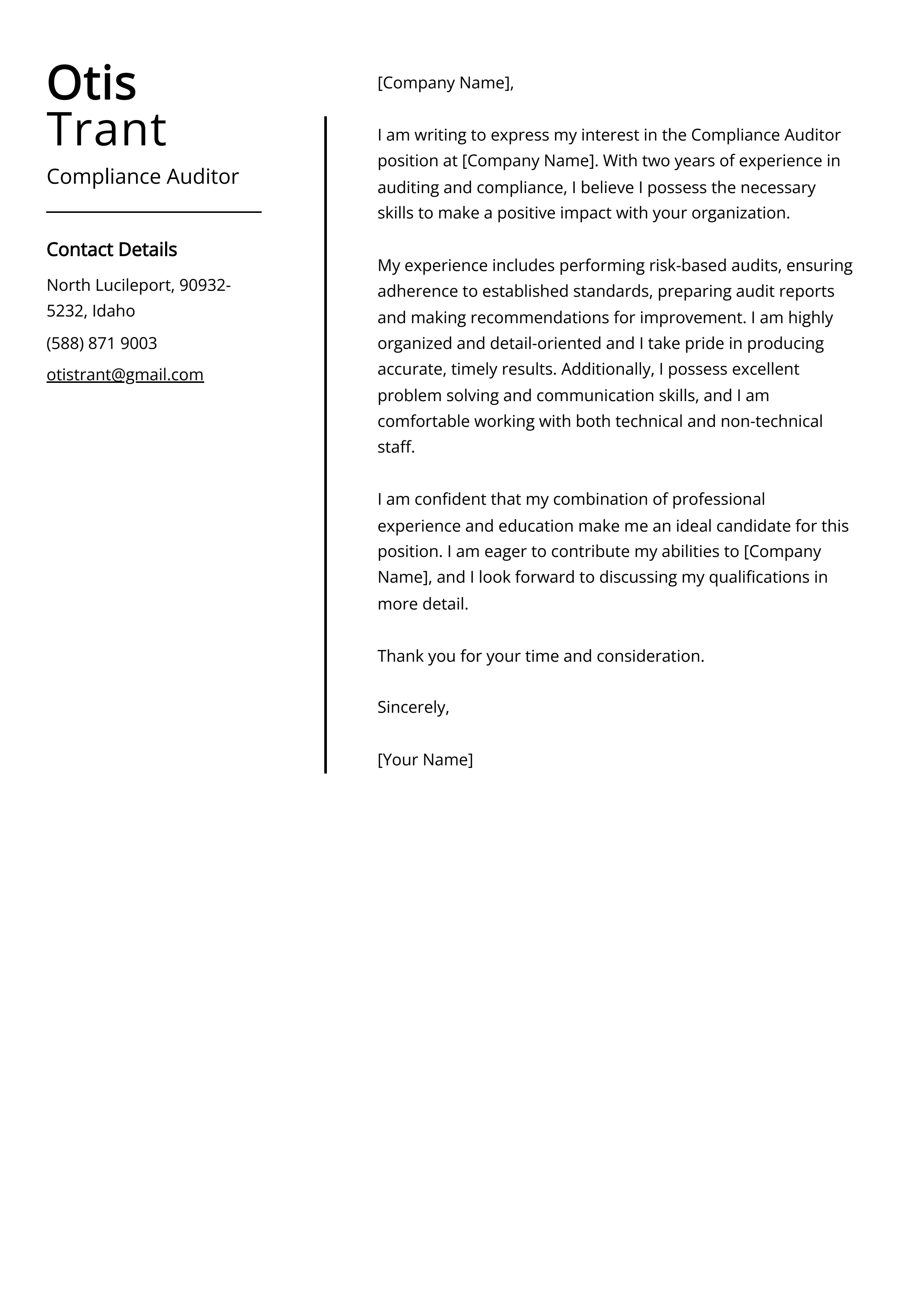 Compliance Auditor Cover Letter Example