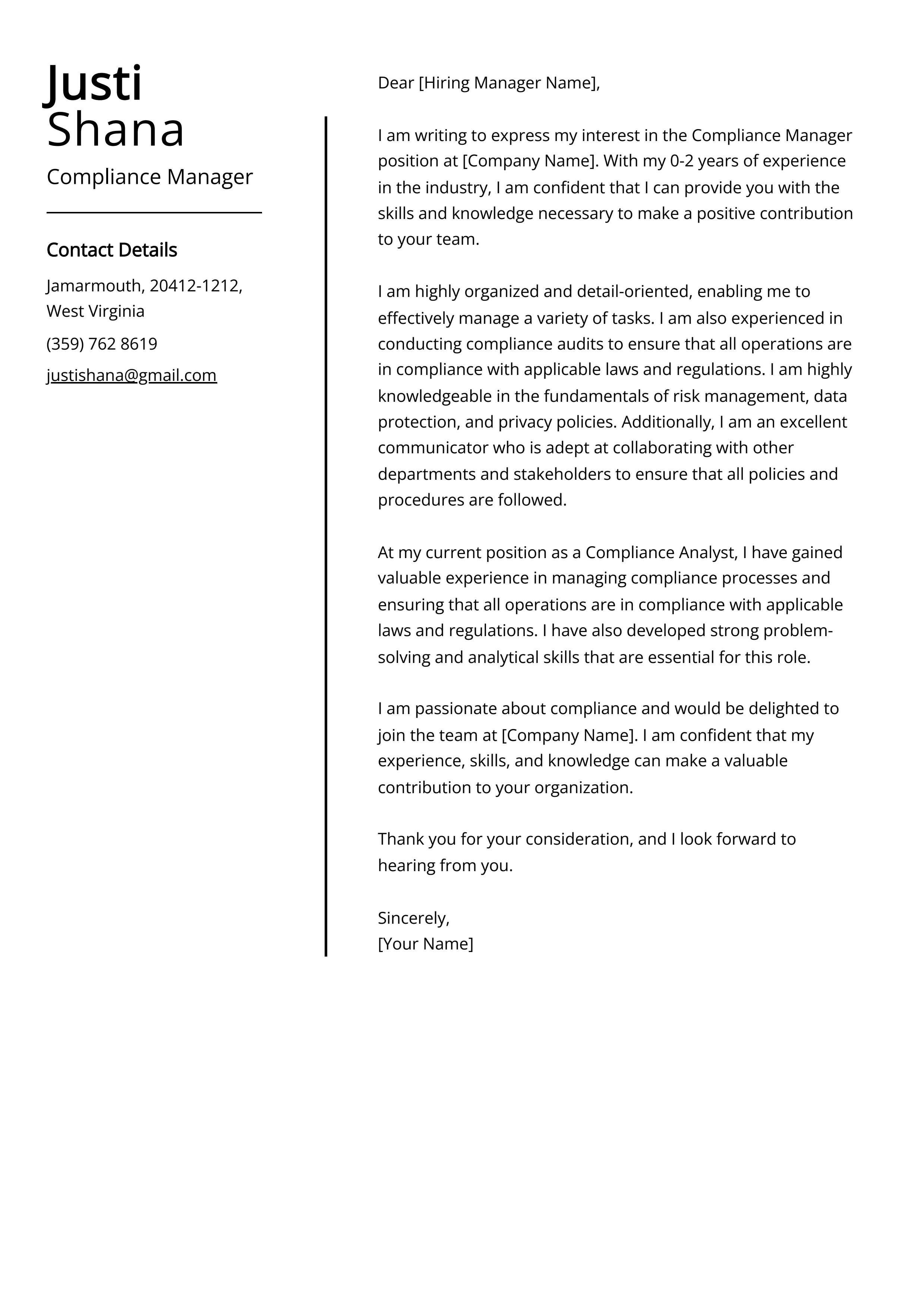 Compliance Manager Cover Letter Example
