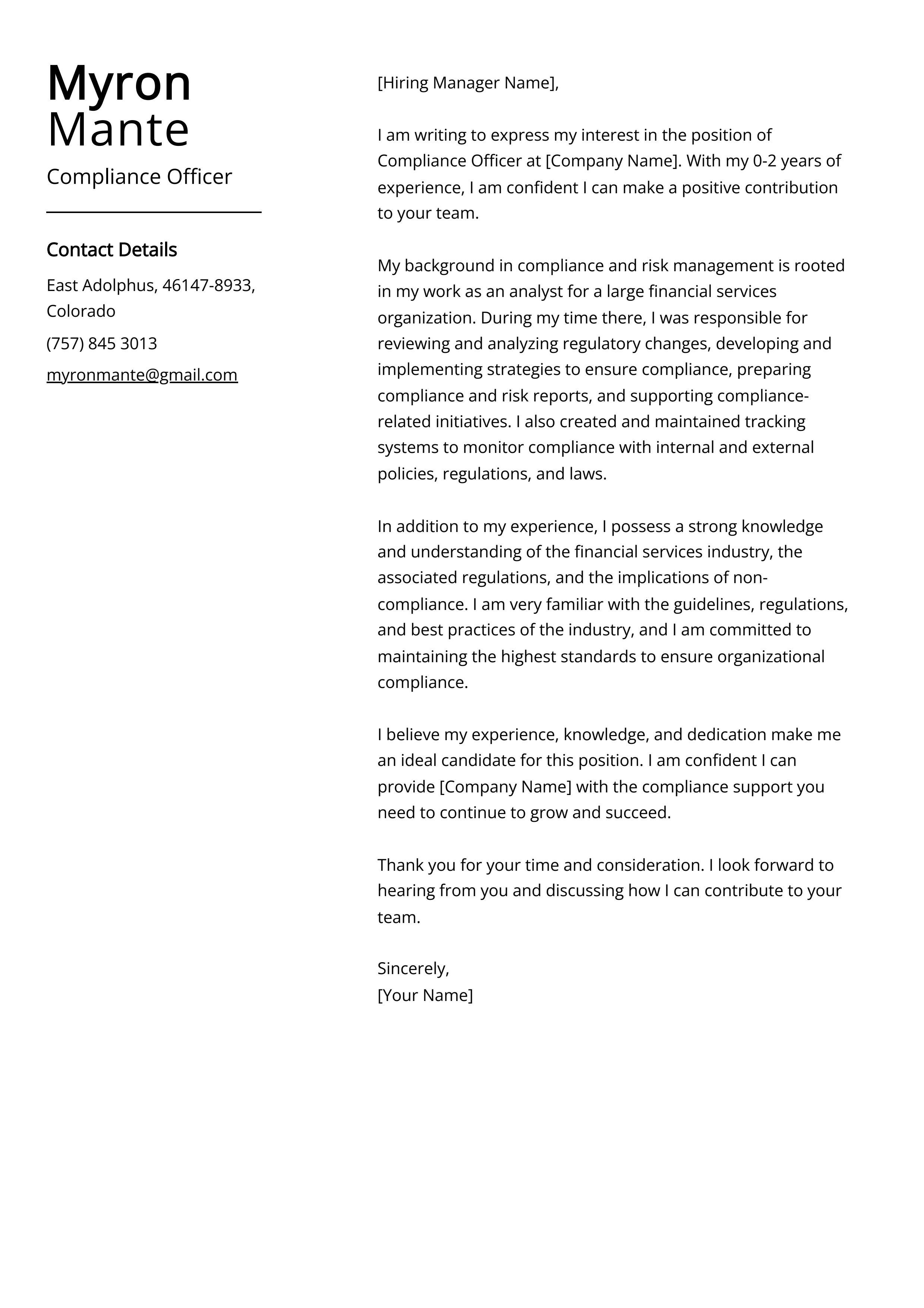 Compliance Officer Cover Letter Example