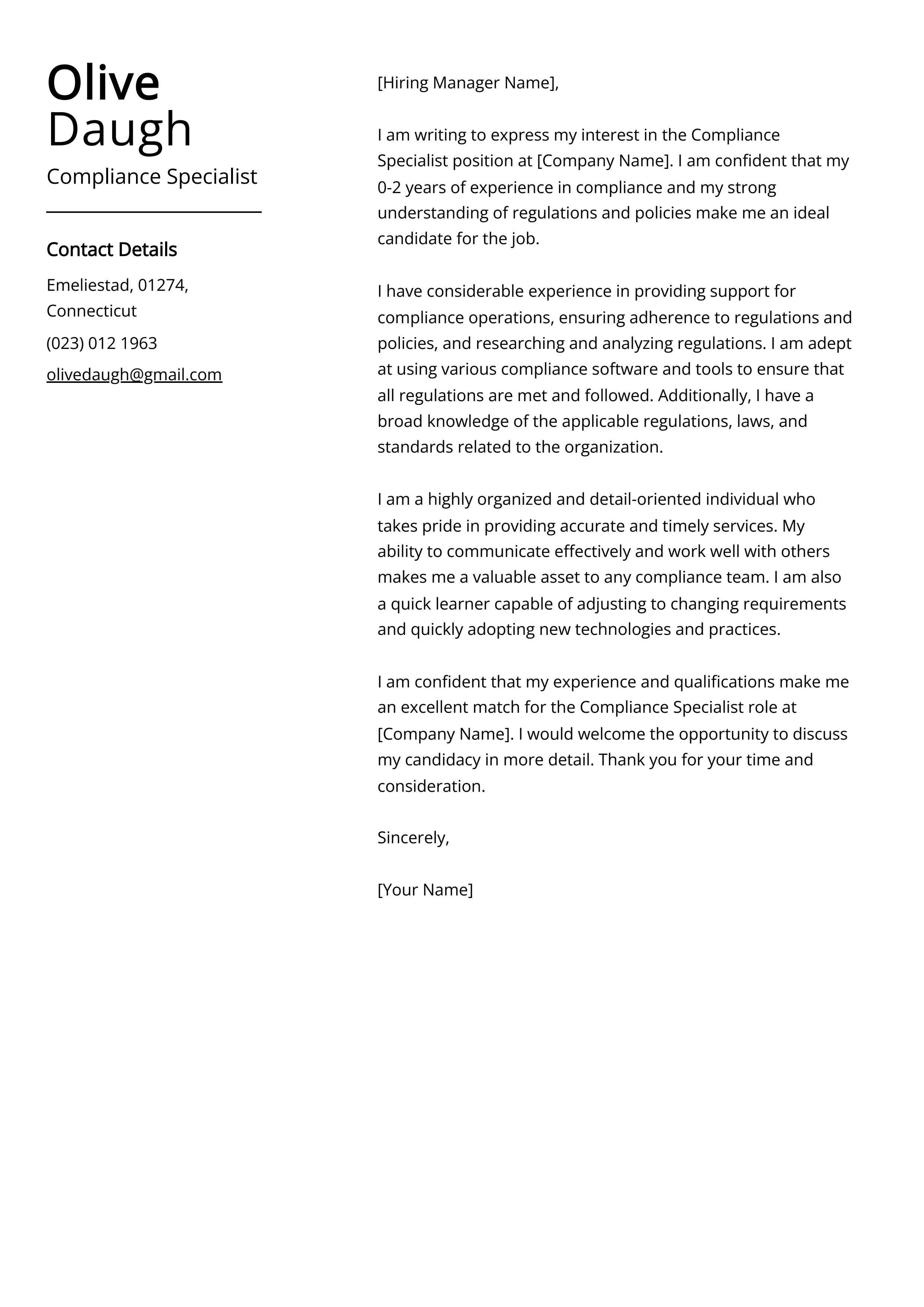 Compliance Specialist Cover Letter Example