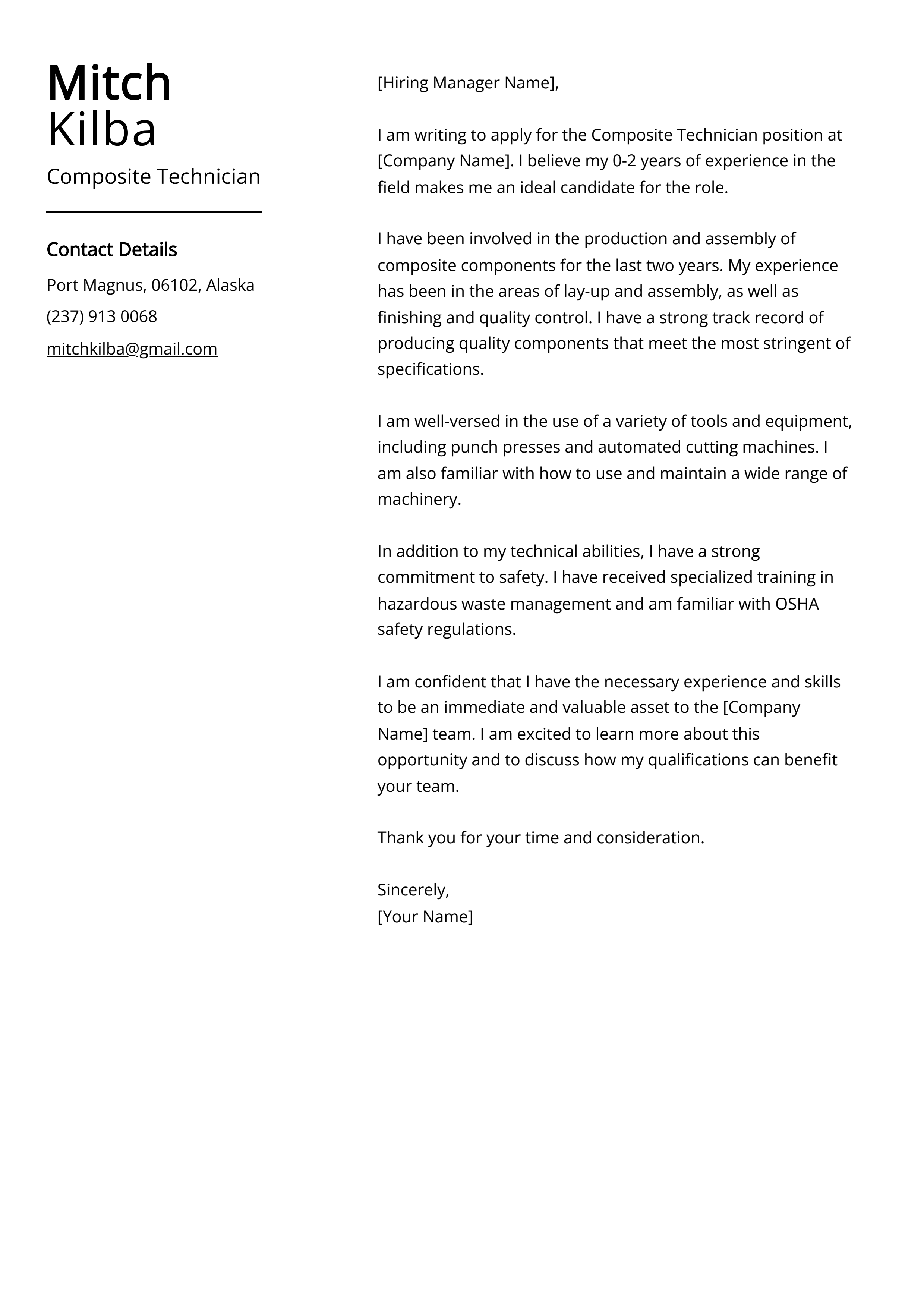 Composite Technician Cover Letter Example