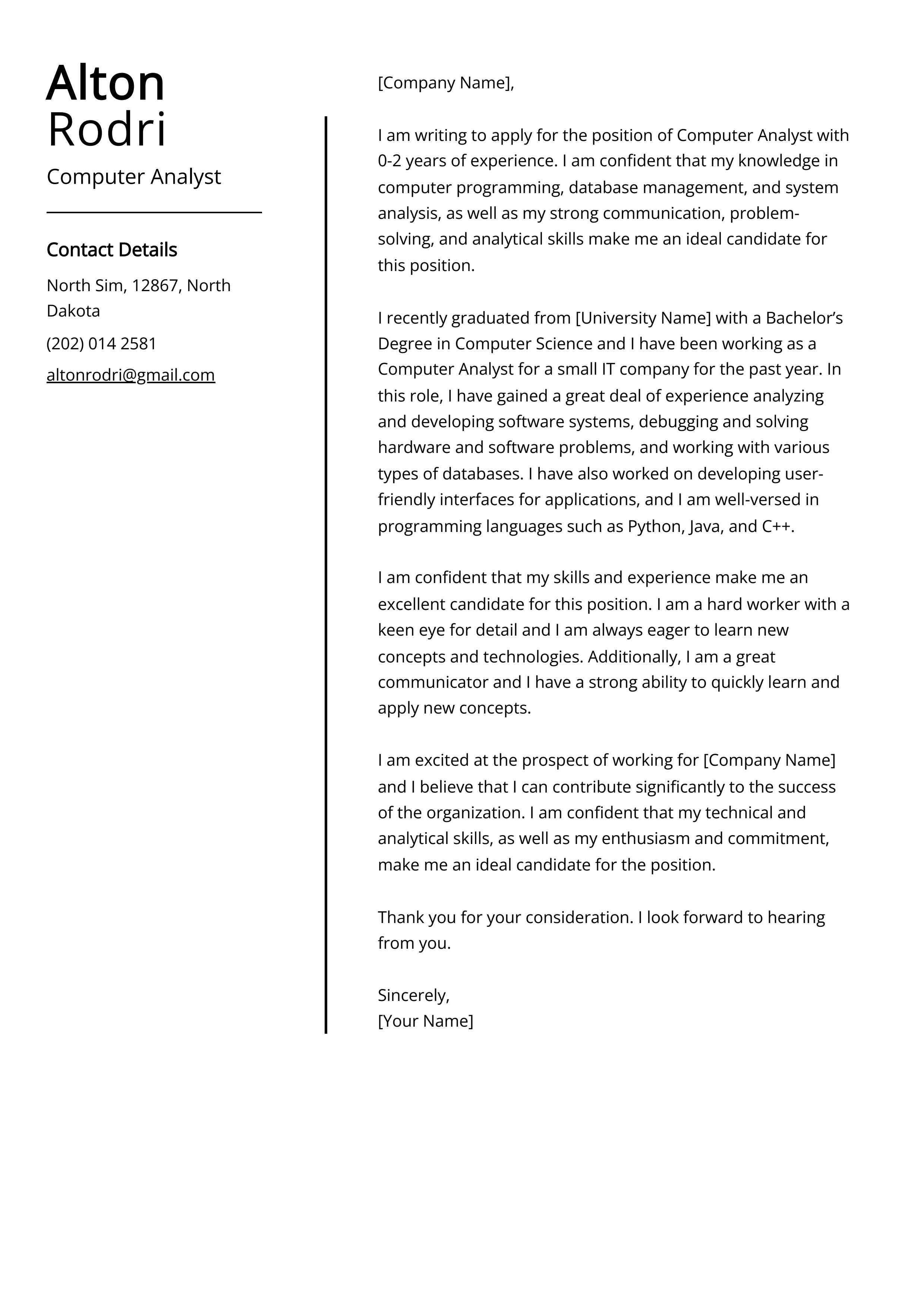 Computer Analyst Cover Letter Example