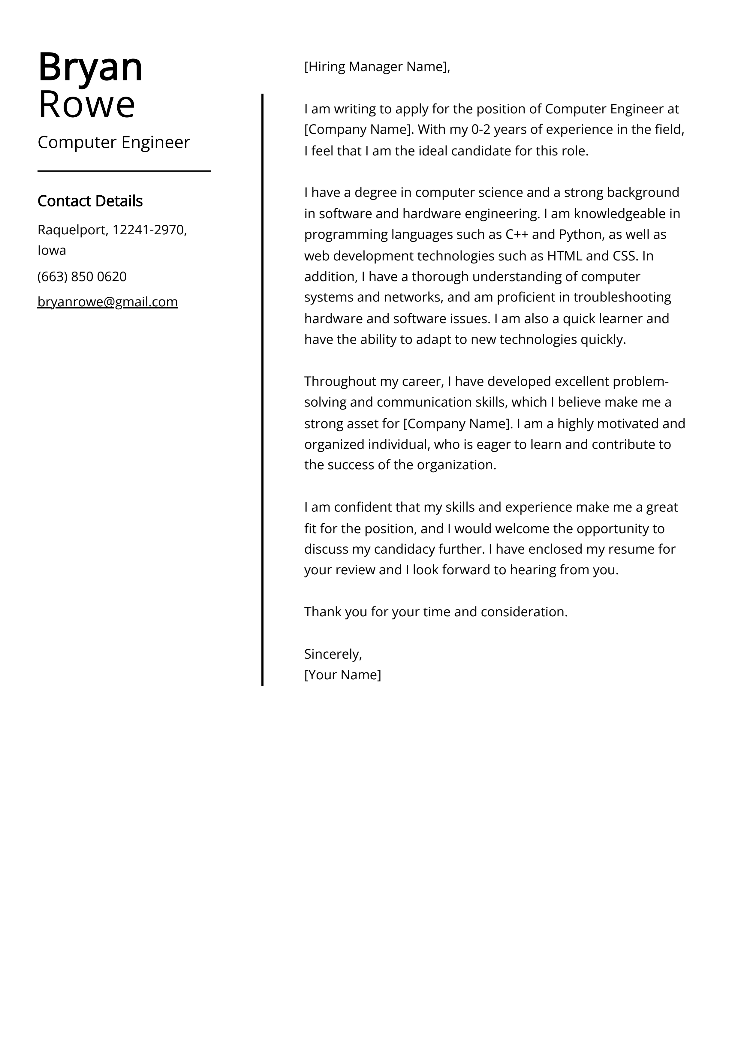 Computer Engineer Cover Letter Example