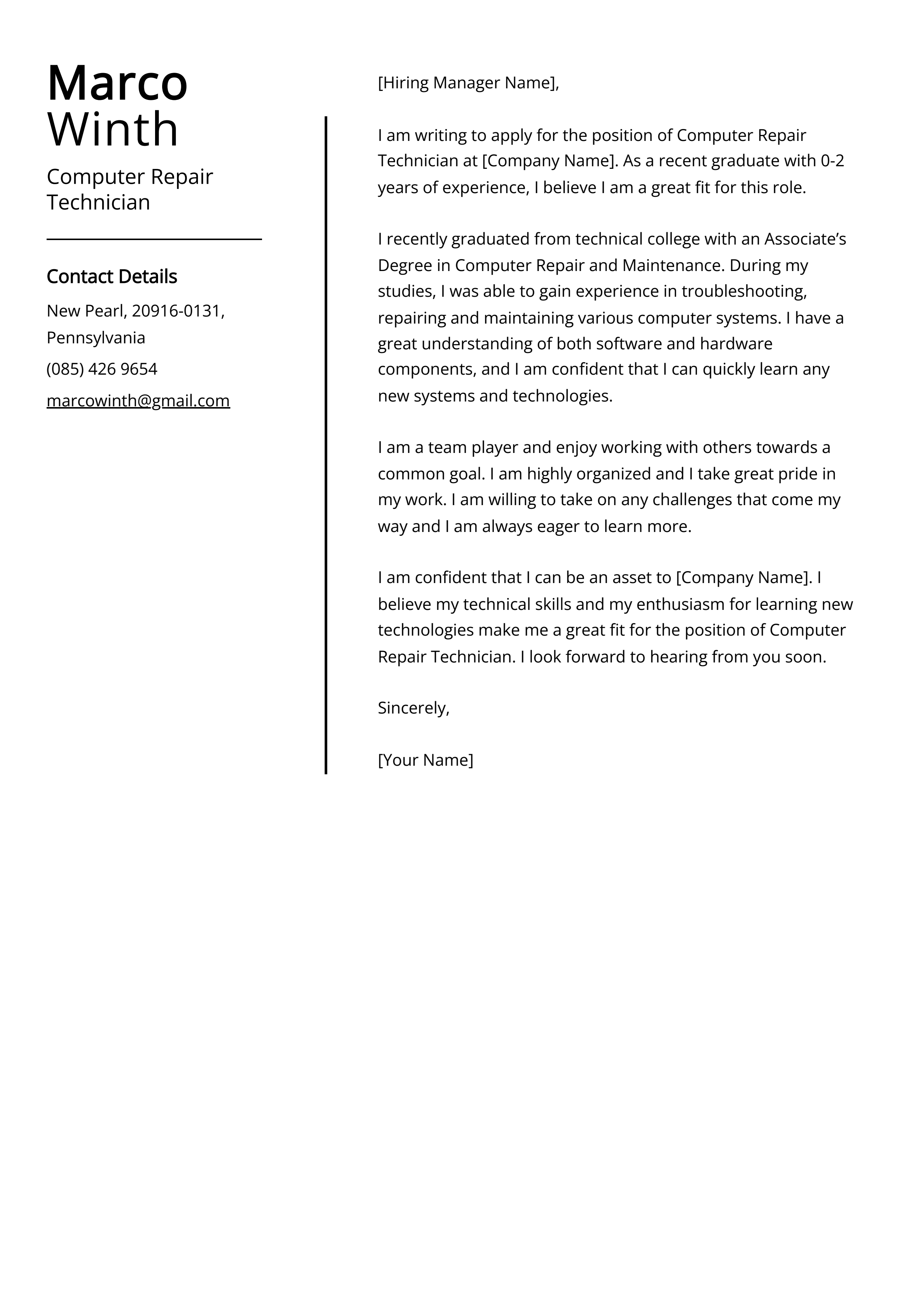 Computer Repair Technician Cover Letter Example