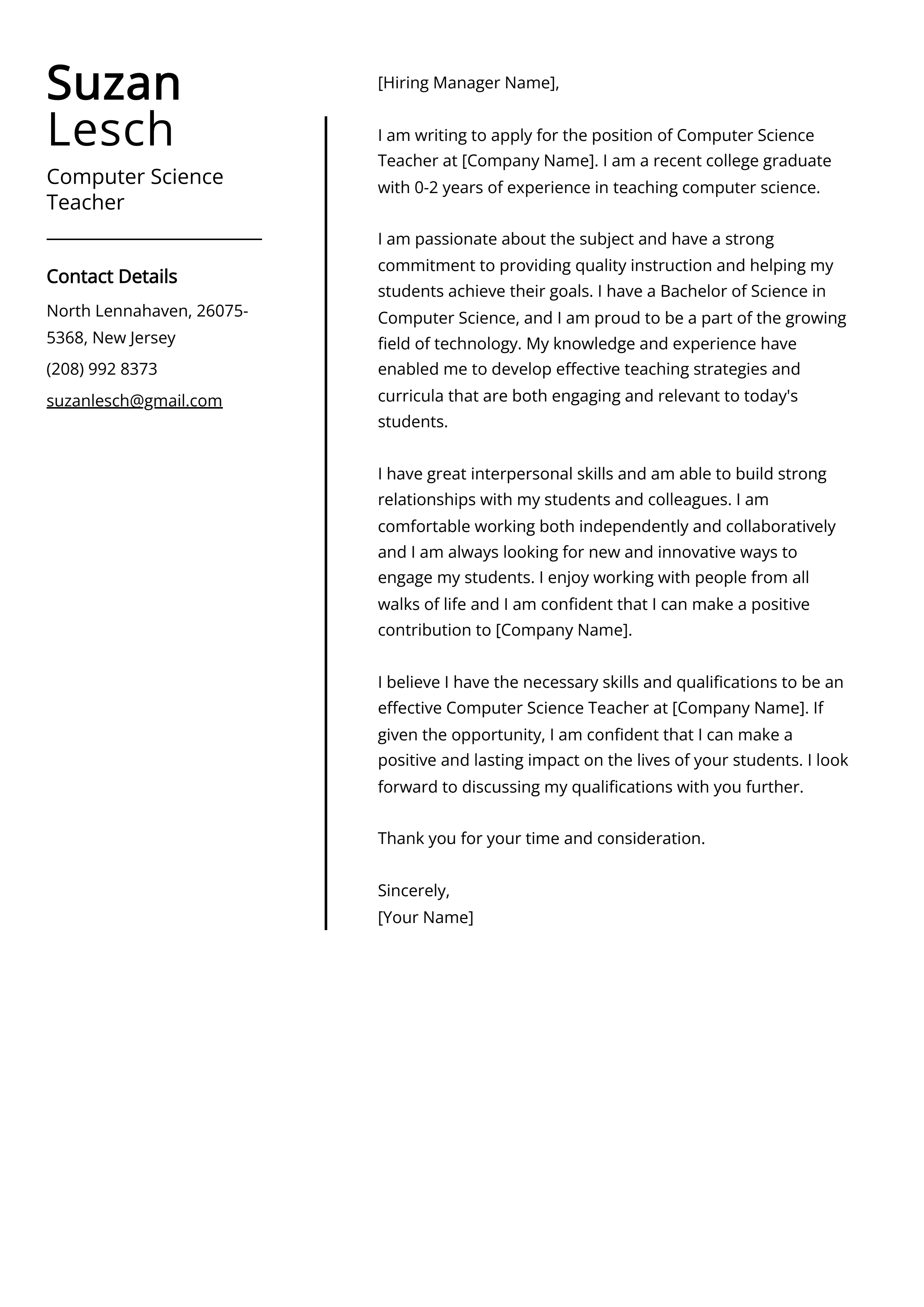 Computer Science Teacher Cover Letter Example